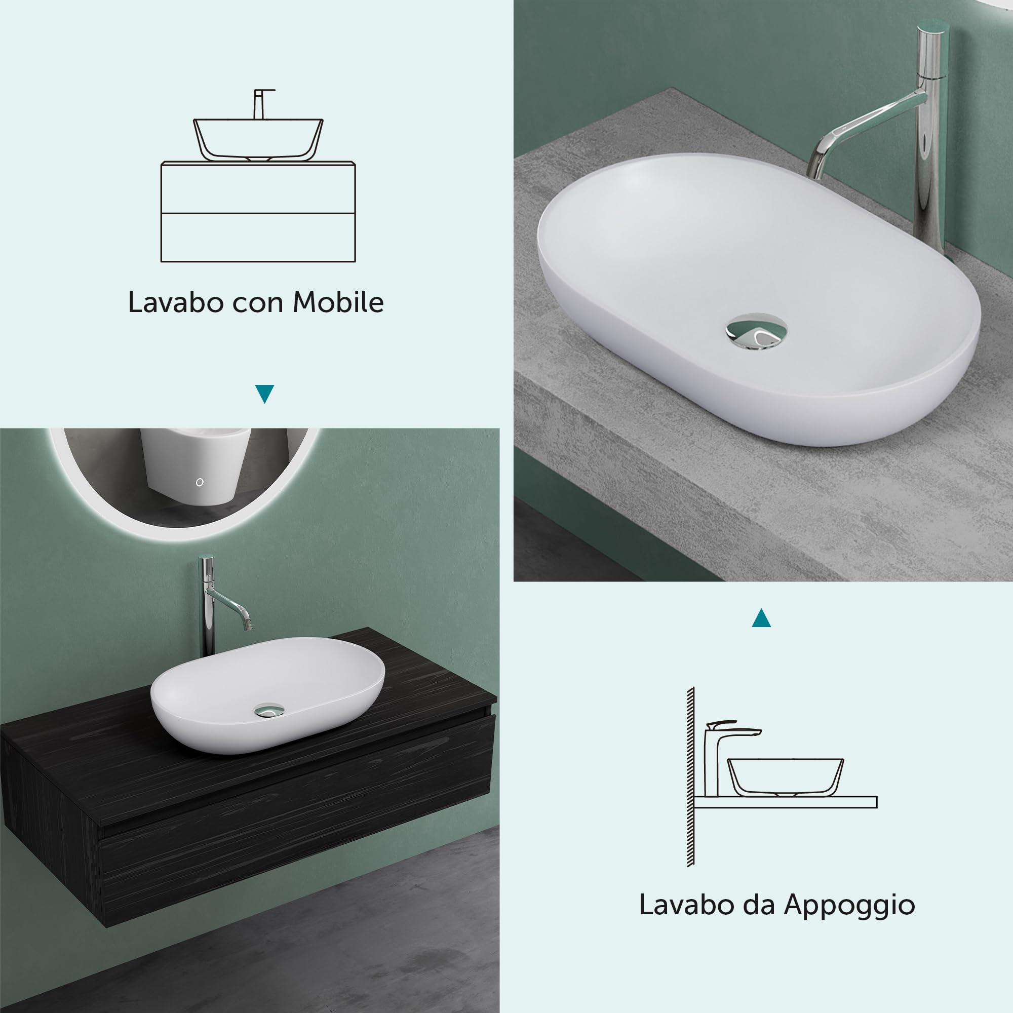 Mai & Mai Lavabo da Appoggio 54x34x10.5cm, Lavandino Bagno da Appoggio Ovale da Marmo Fuso, Biano Opaco, Colossum808