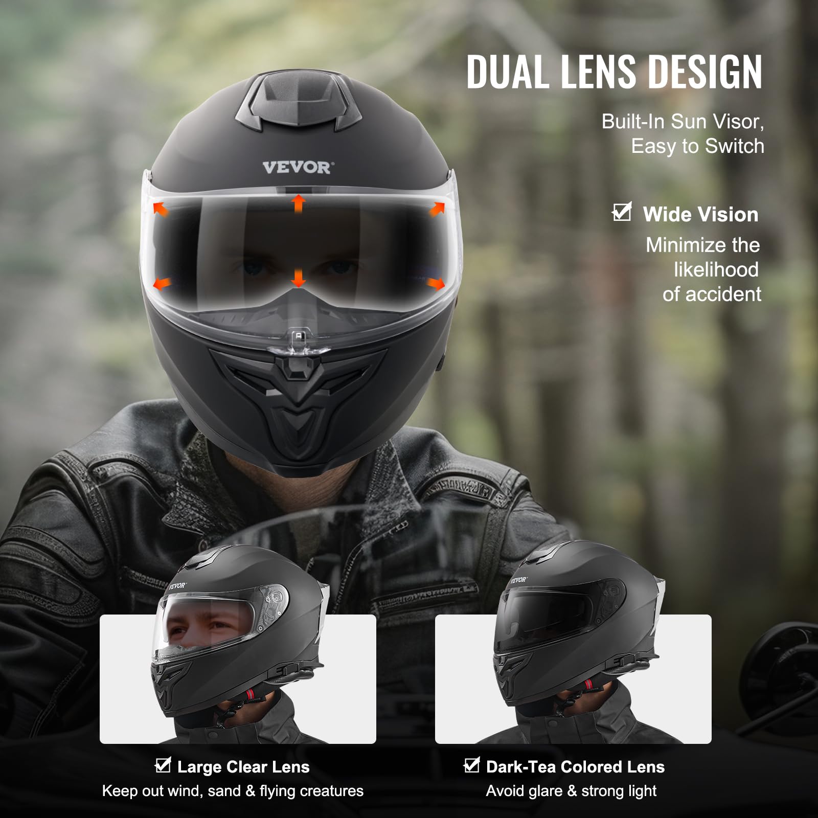 VEVOR Casco de Motocicleta Integral, ABS Alta Densidad con Ranura para Bluetooth y Lentes Intercambiables, Cómodo Casco Motocross, para Jóvenes y Adultos, 408 x 270 x 264 mm, Talla M, Negro
