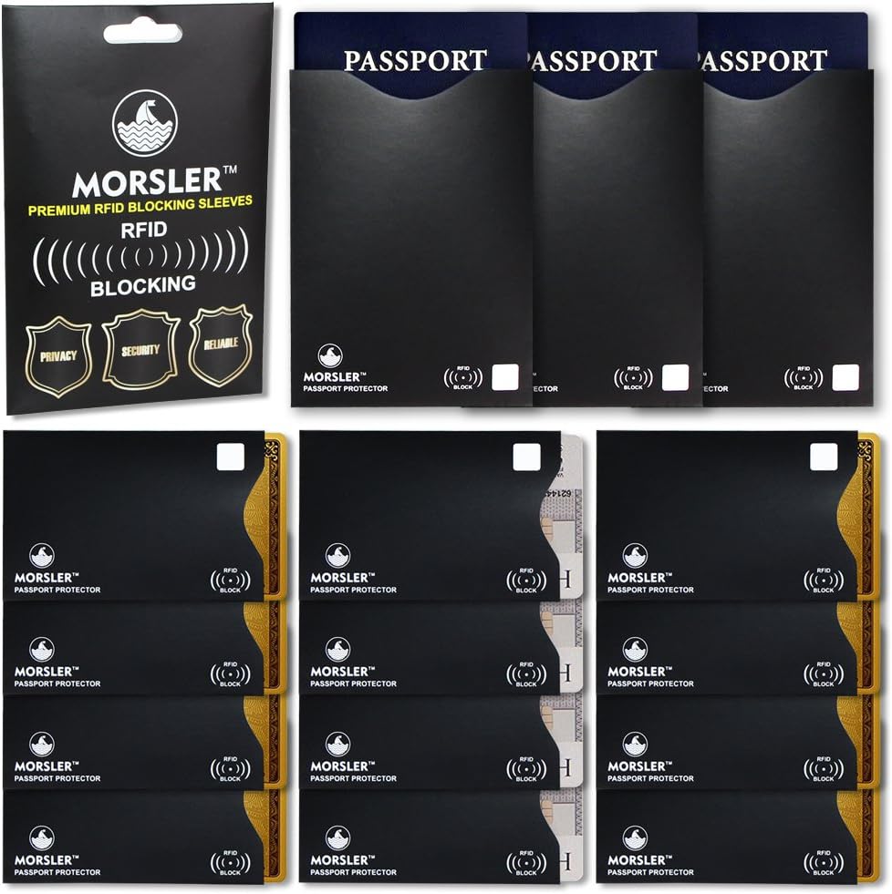 MORSLER RFID/NFC Blocking Sleeves Set of 12 Credit Card and 3 Passport Protectors 100% Effective in Blocking Signals to Prevention Identity Theft Slim Protection Sleeve Set Holders Fit All Mens & Womens Wallets - BLACK