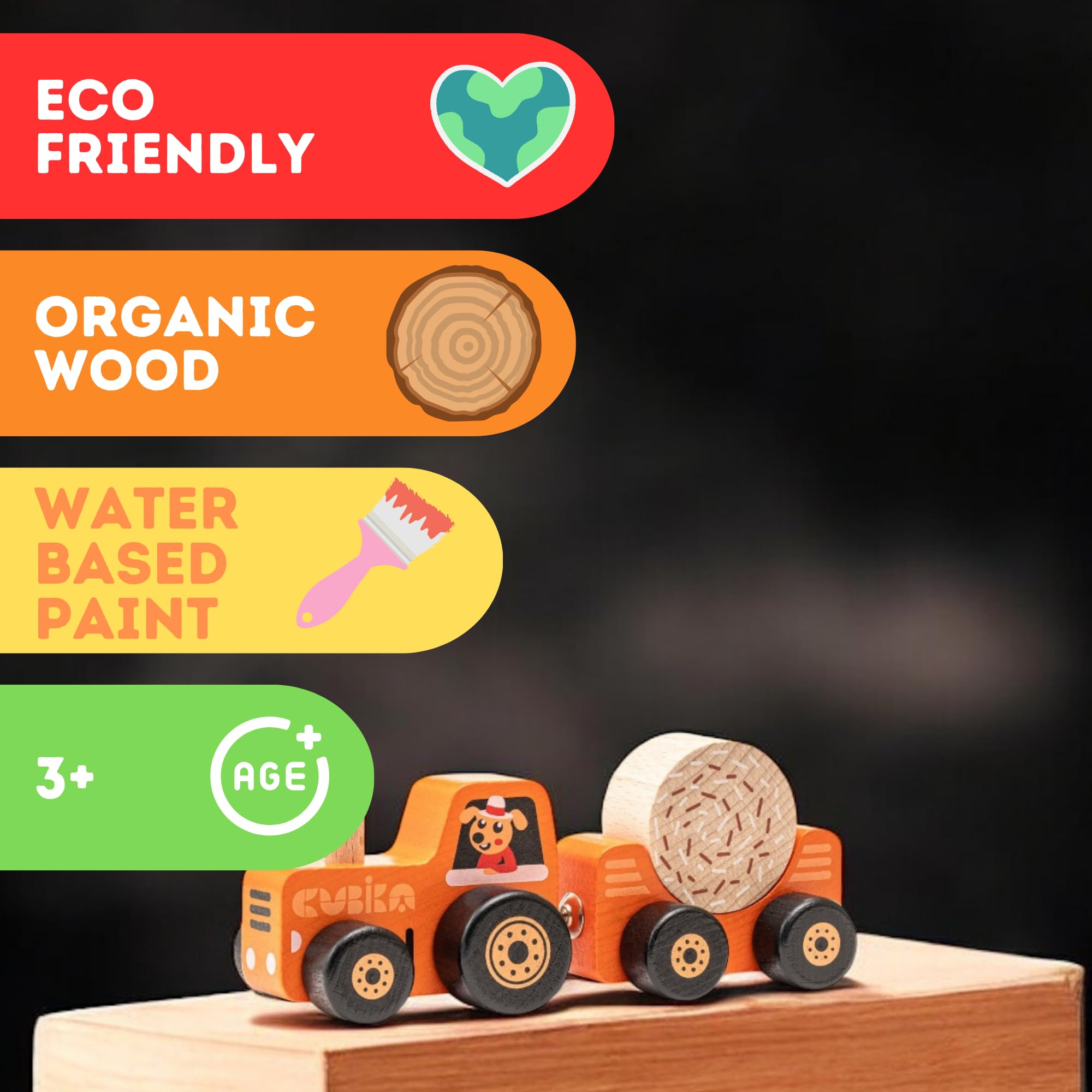Tractor de juguete de madera – Juguete Montessori para niños a partir de 3 años – Tractor de madera con cierres magnéticos – Madera certificada FSC, pinturas alemanas a base de agua – Juguete 6