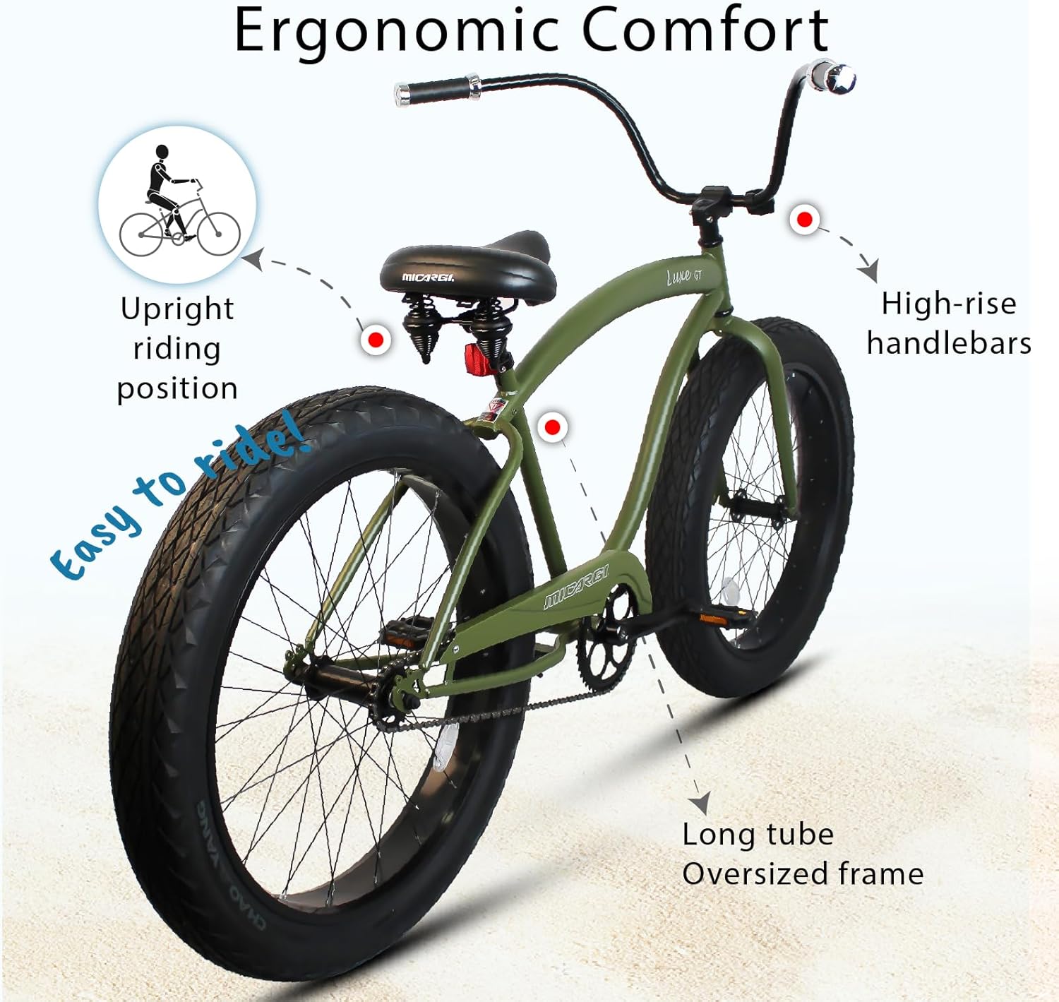 MICARGI Luxe GT 26-inch Beach Cruiser Bike, Coaster Brake 1-Speed, High Rise Handlebar, Fat Alloy Black Rim 80mm,26x4.0 Fat Tire Bike, Bike for Adults, Complete Cruiser Bikes