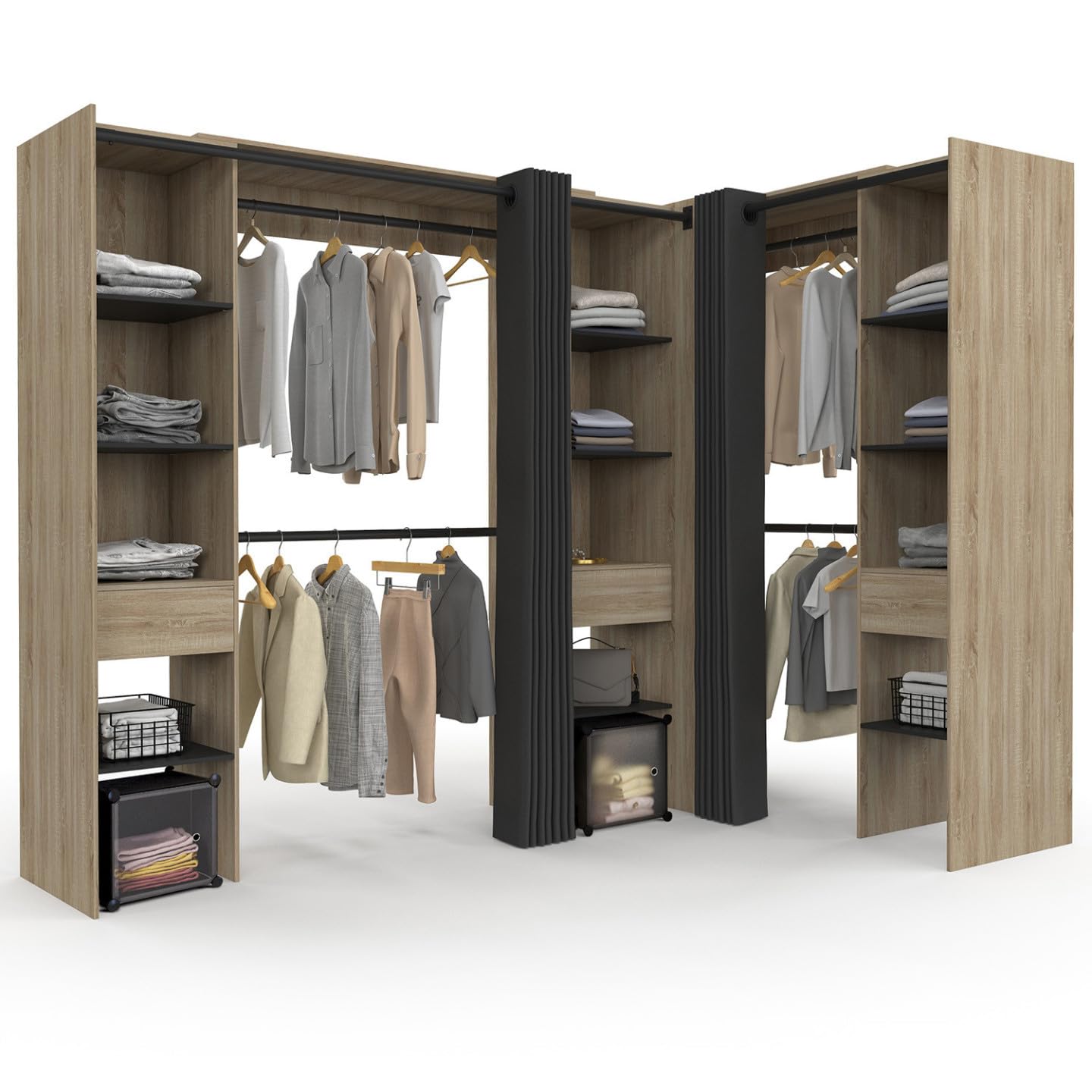 IDMarket - Dressing Extensible d'angle Marlon 230 x 140 x 180 cm cm hêtre avec penderies + étagères + Rideaux Noirs