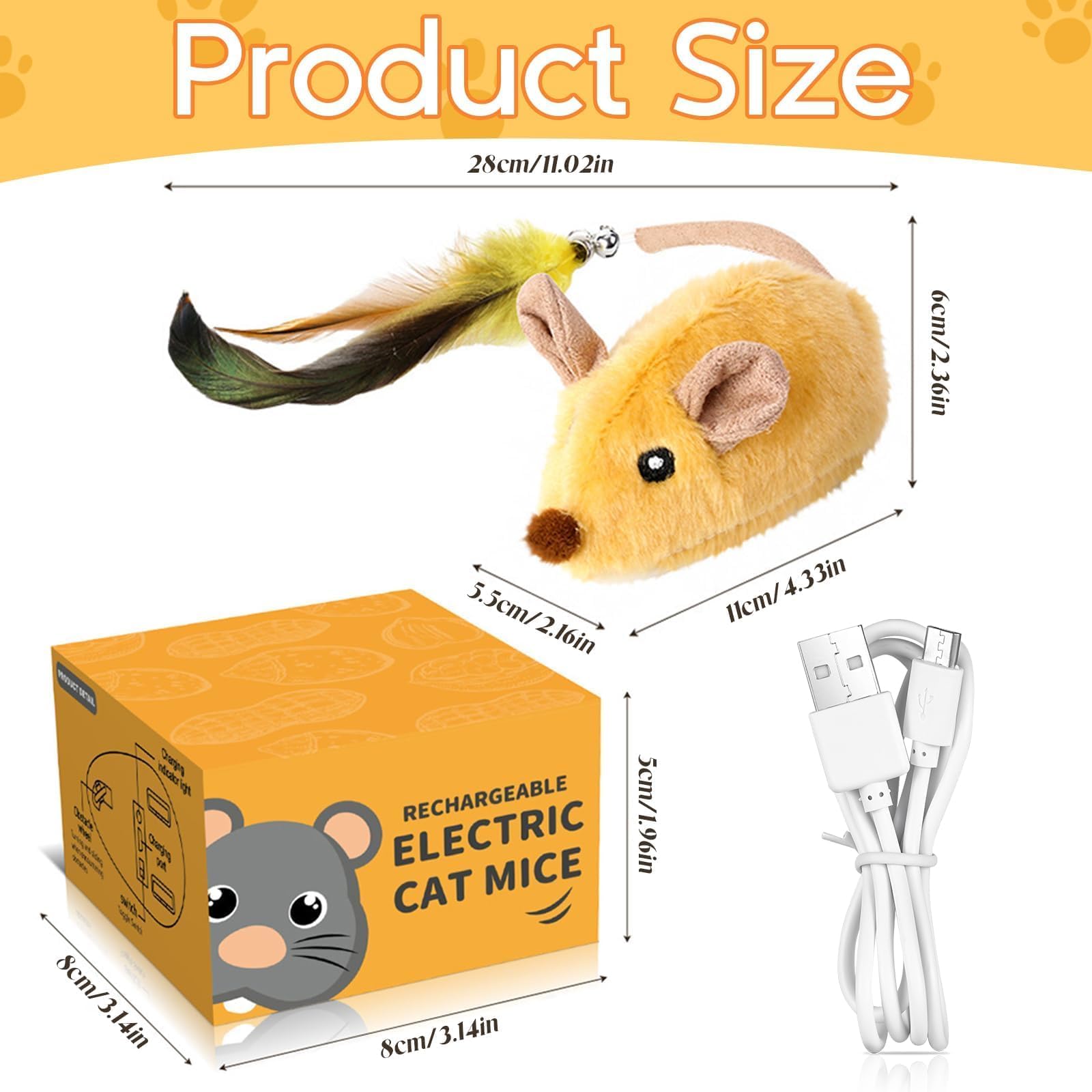 TaimeiMao Ratón de Juguete Eléctrico, Ratón de Simulación Peluche con Cola Emplumada, Juguetes para Gatos Interactivos con Cable USB, Amarillo