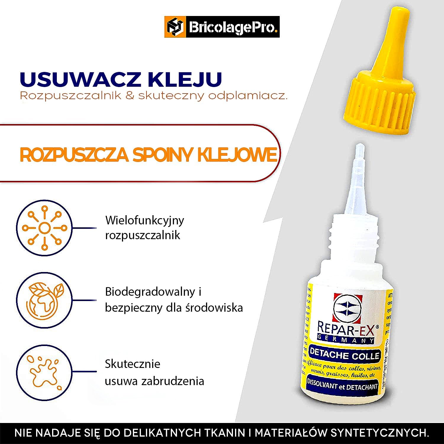 Repar-ex – Profesjonalny Środek do Usuwania Kleju | Rozpuszczalnik do Silnych Klejów, Żywic i Lakierów | Bezpieczny dla Metalu, Drewna, Tworzyw Sztucznych, Szkła i Ceramiki | 20 ml
