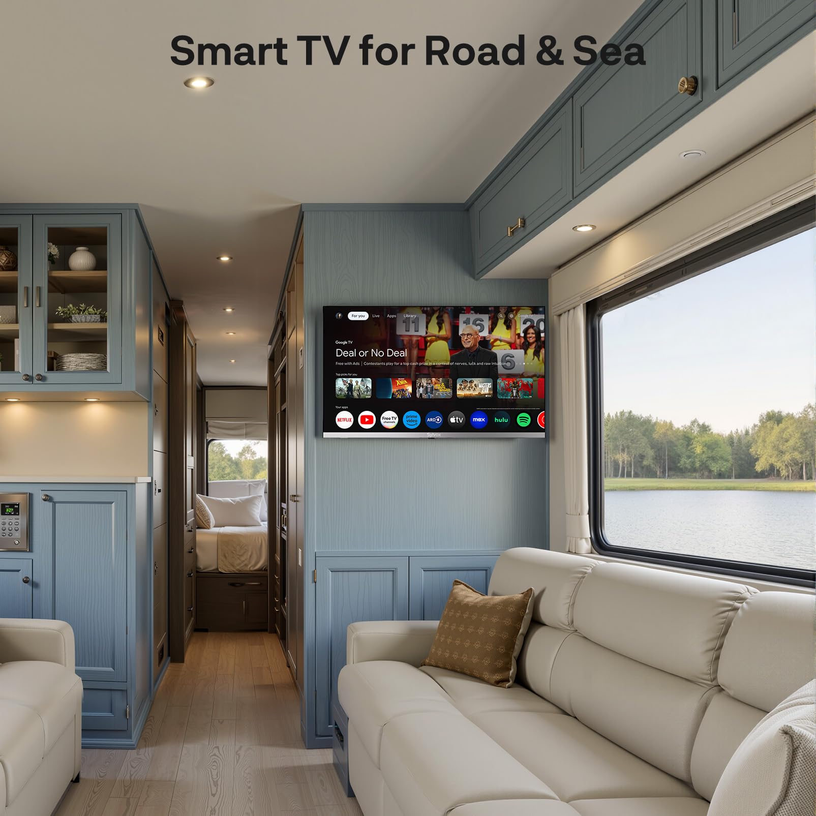 SYLVOX 22-inch RV TV, 1080P FHD Smart Google TV, 12V/24V DC & AC Power, with Built-in DVD Player for Truck RV Boat, Waterproof Remote, 9-32V Wide Voltage Shock-Resistant Design