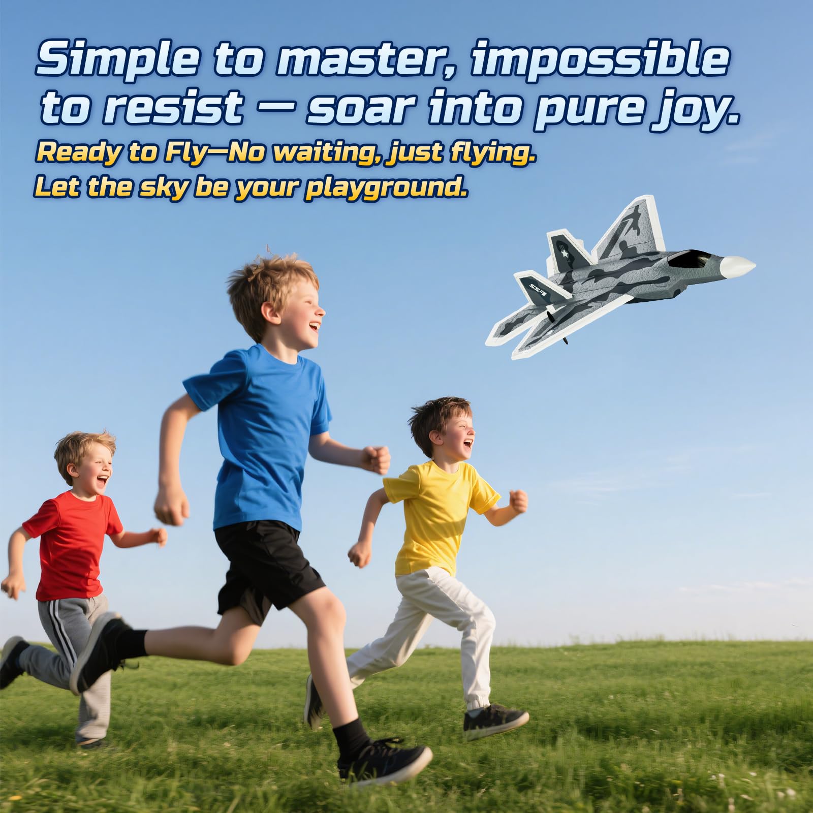 DEERC 2CH F22 Avion Teledirigido con Luces, Avión RC Combate Control Remoto, Planeador RTF con Estabilizador Giroscópico de 6 Ejes de 2.4 GHz y 2 Baterías, Fácil de Volar para Niños y Principiantes.