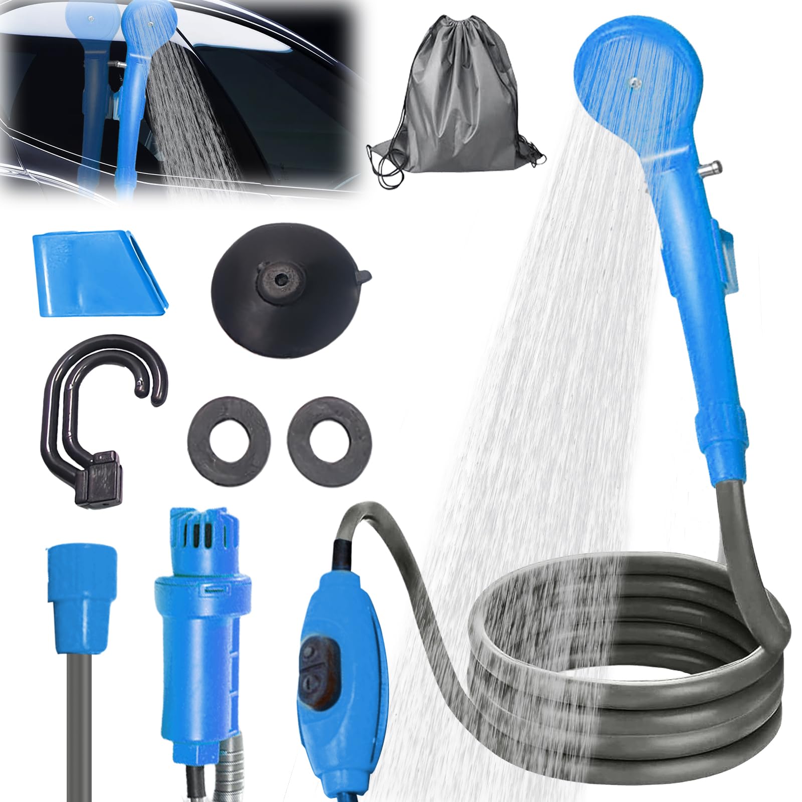 Doccia da campeggio 12 V con pompa, campeggio, doccia da campeggio, pompa sommergibile, doccia da giardino, set con doccetta e tubo doccia esterna per escursioni, viaggi, spiaggia, animali domestici