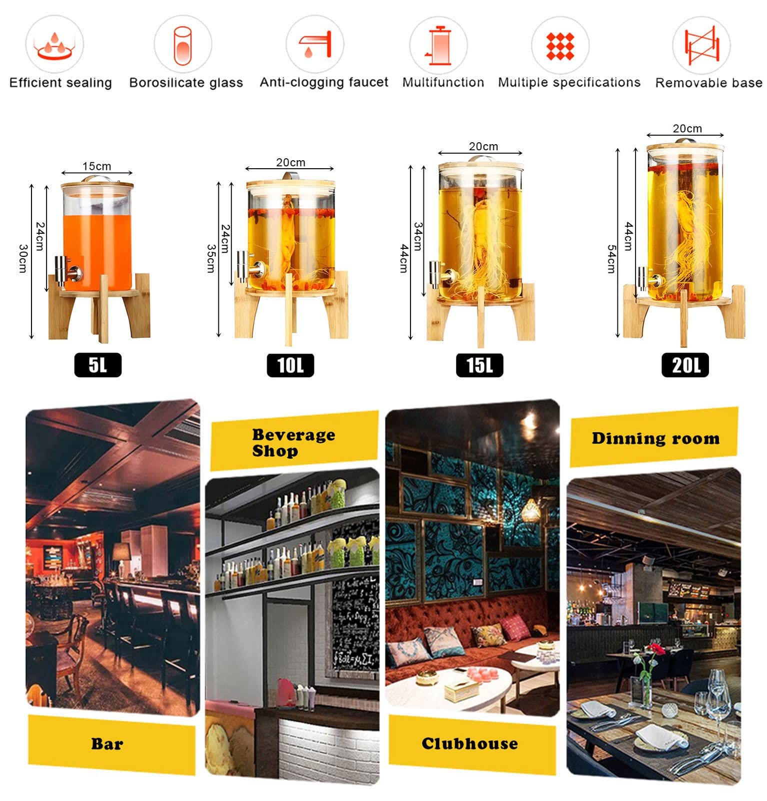 Dispenser per bevande in vetro con beccuccio in acciaio inox e supporto in bambù, dispenser per bevande calde per feste, ideale per tè, succhi di frutta, birra e vino