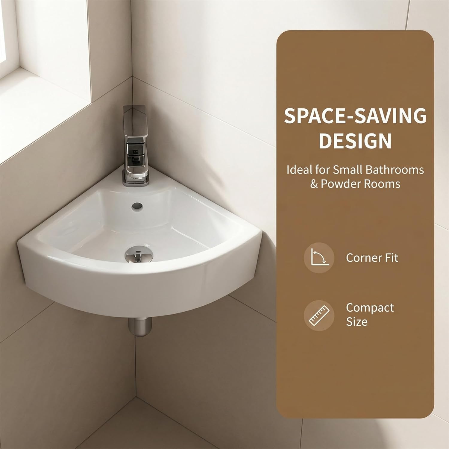 Wall Mounted Corner Sink, White Gloss Ceramic Space-Saving Vessel Sink for Small Bathroom, Powder Room & Laundry Room, Floating Bathroom Vanity with Pre-Drilled Holes (Faucet Not Included)