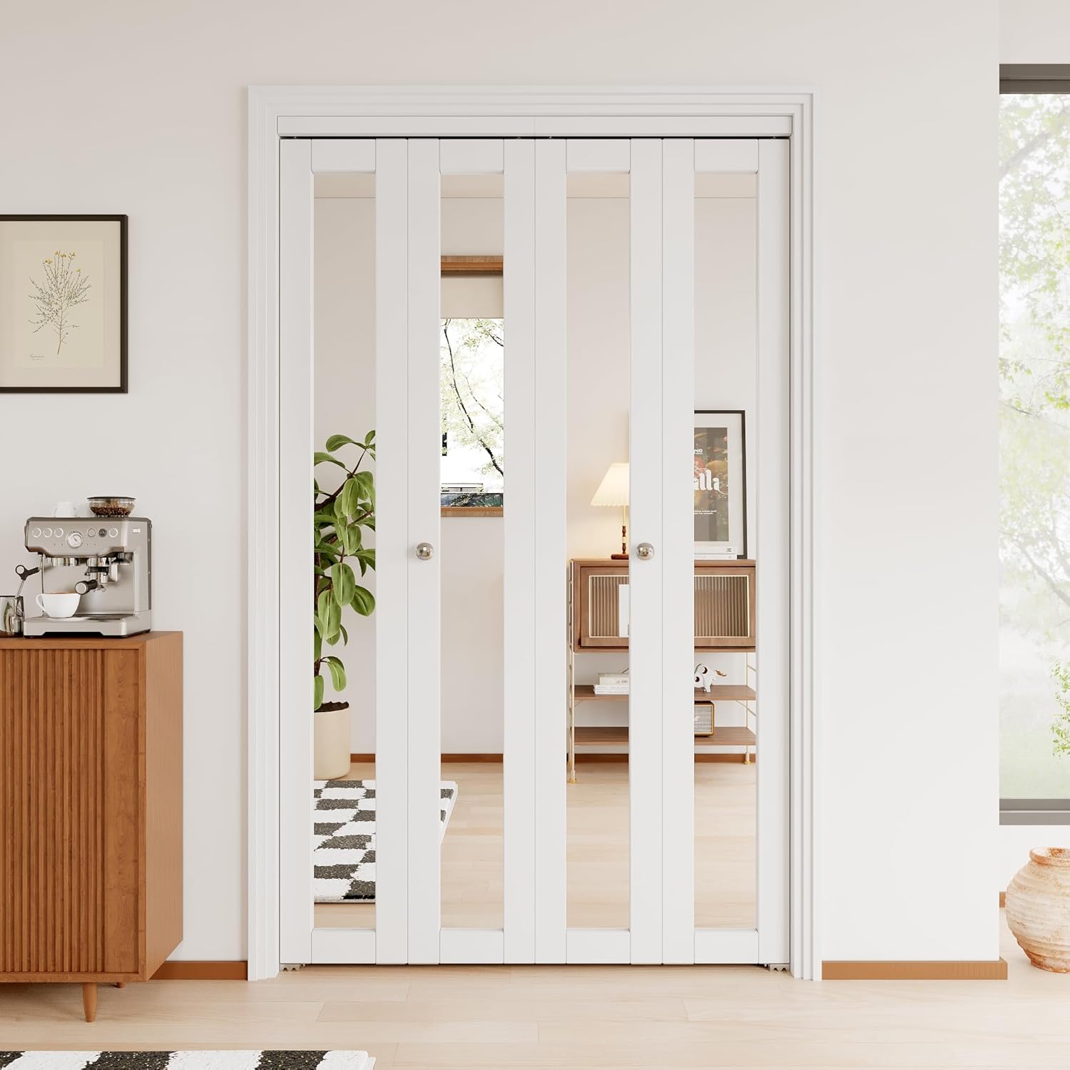 30" x 80" Opening Bifold Doors, HD Mirror Bifold Barn Door Panels with Hardware Kit & Handles, One Side Mirrored Folding Interior Doors for Closet/Bathtoom/Bedroom Easy to Install, Black