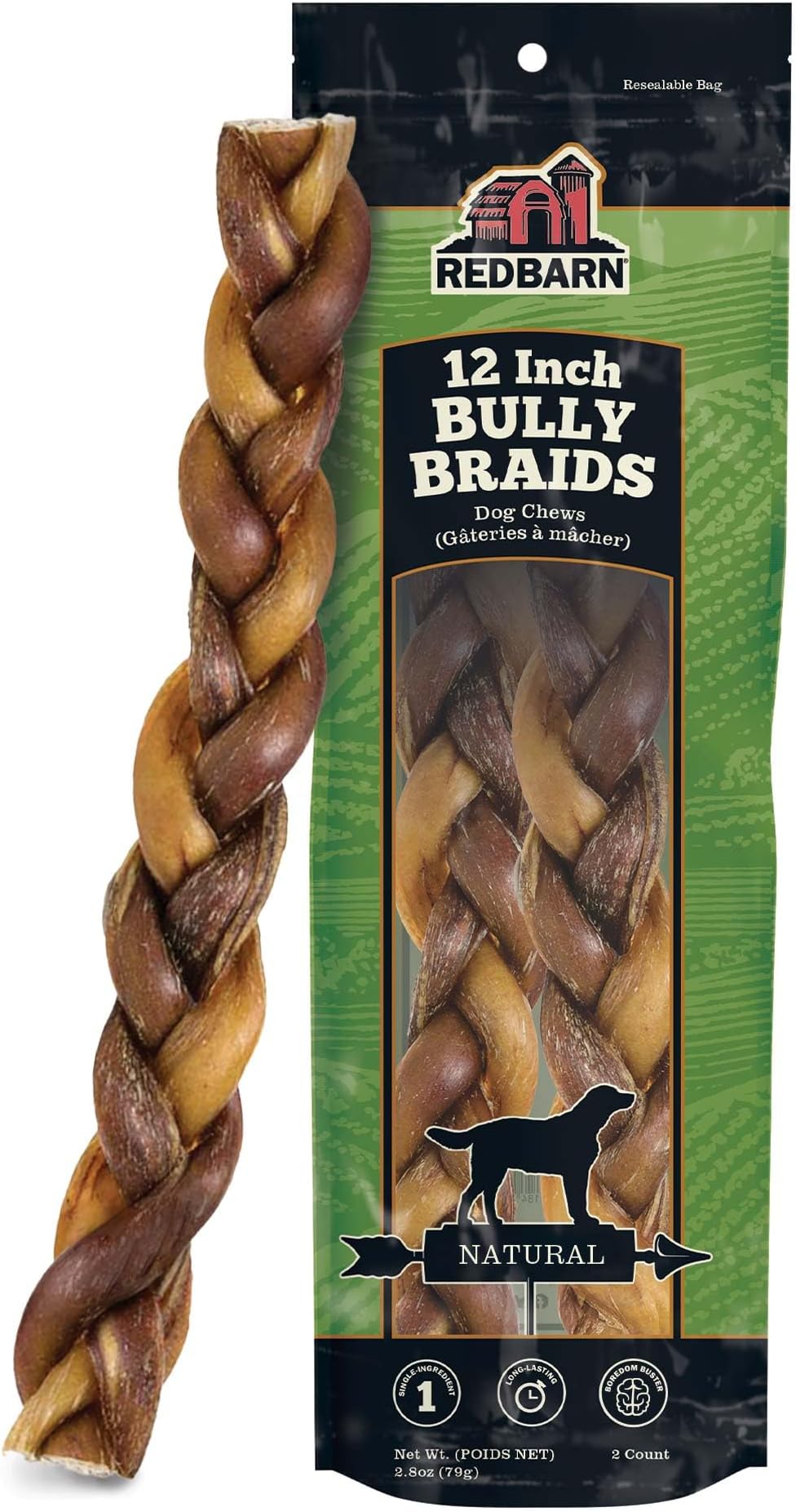 Redbarn 12" Premium Braided Bully Sticks for Dogs - Natural Single Ingredient Braid Treats, Long-Lasting Chews Made from Slow Roasted Beef, Rawhide-Free and Low Odor โ 2 Count