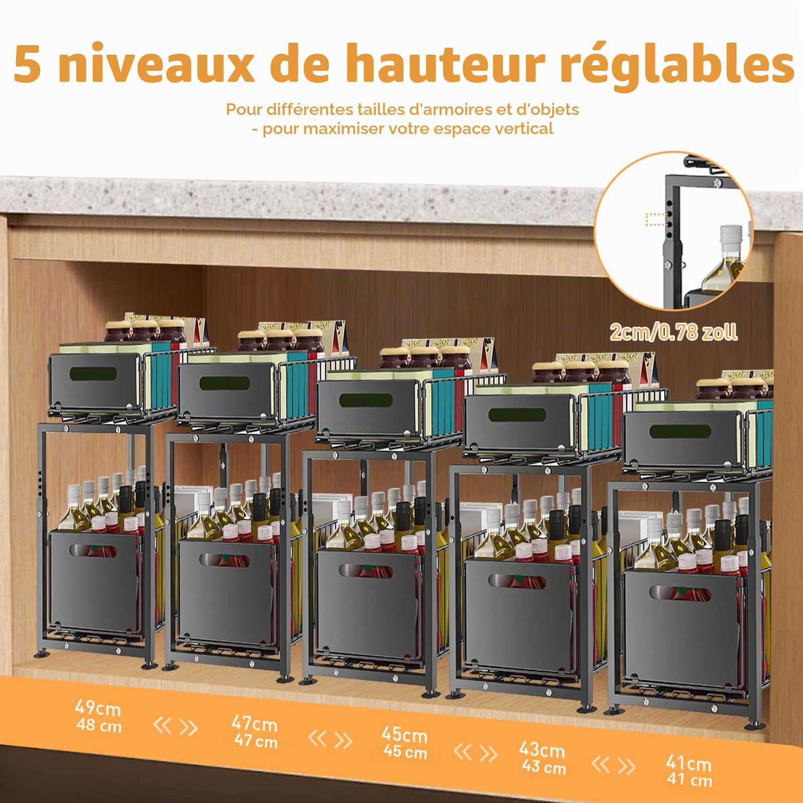 Rangement sous Évier en Métal à 2 Niveaux avec Tiroir de Rangement Coulissant Étagère sous Évier Organiseur pour Cuisine et Salle de Bain Acier au Carbone Hauteur Réglable, Organiseur Coulissant