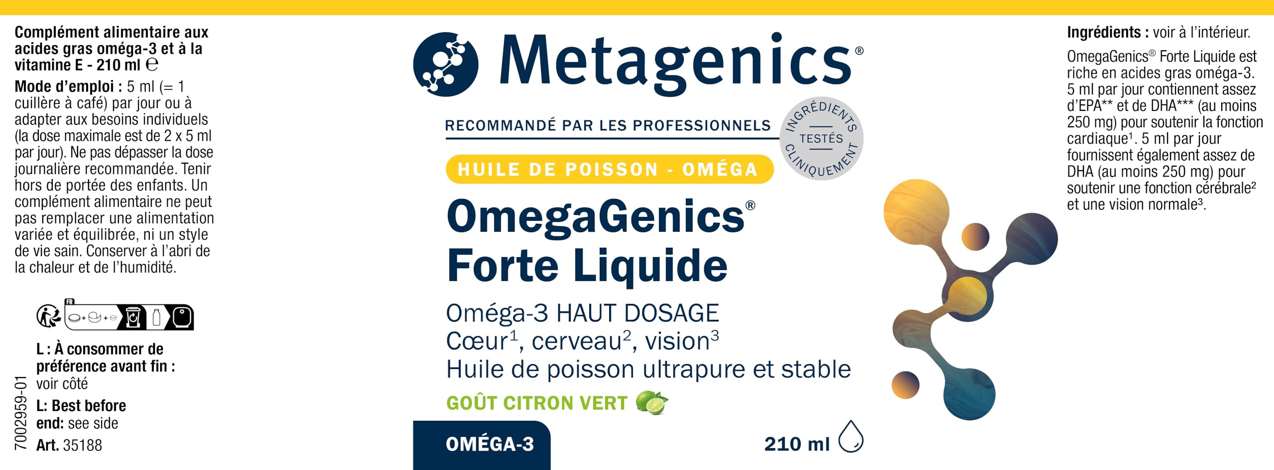 Metagenics Omegagenics Forte, Oméga 3, Haute Dose, Huile Poisson Liquide