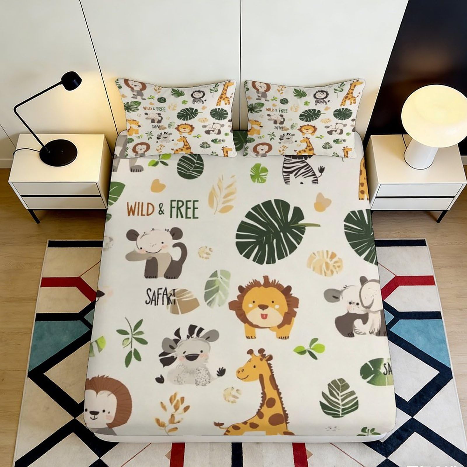 3D Printed Safari Jungle Fitted Sheet Microfiber Soft Animal Forest Bed Cover for Bedroom Guest Room Decor 114 160x200x25cm