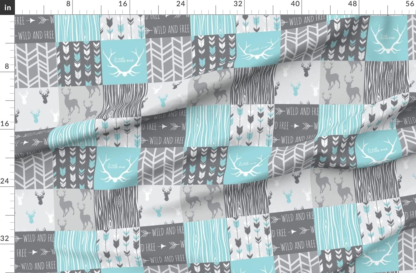 Spoonflower Fabric - Patchwork Deer Aqua Grey Wholecloth Quilt Gray Printed on Organic Cotton Sateen Fabric by The Yard - Sewing Quilting Apparel Home Decor