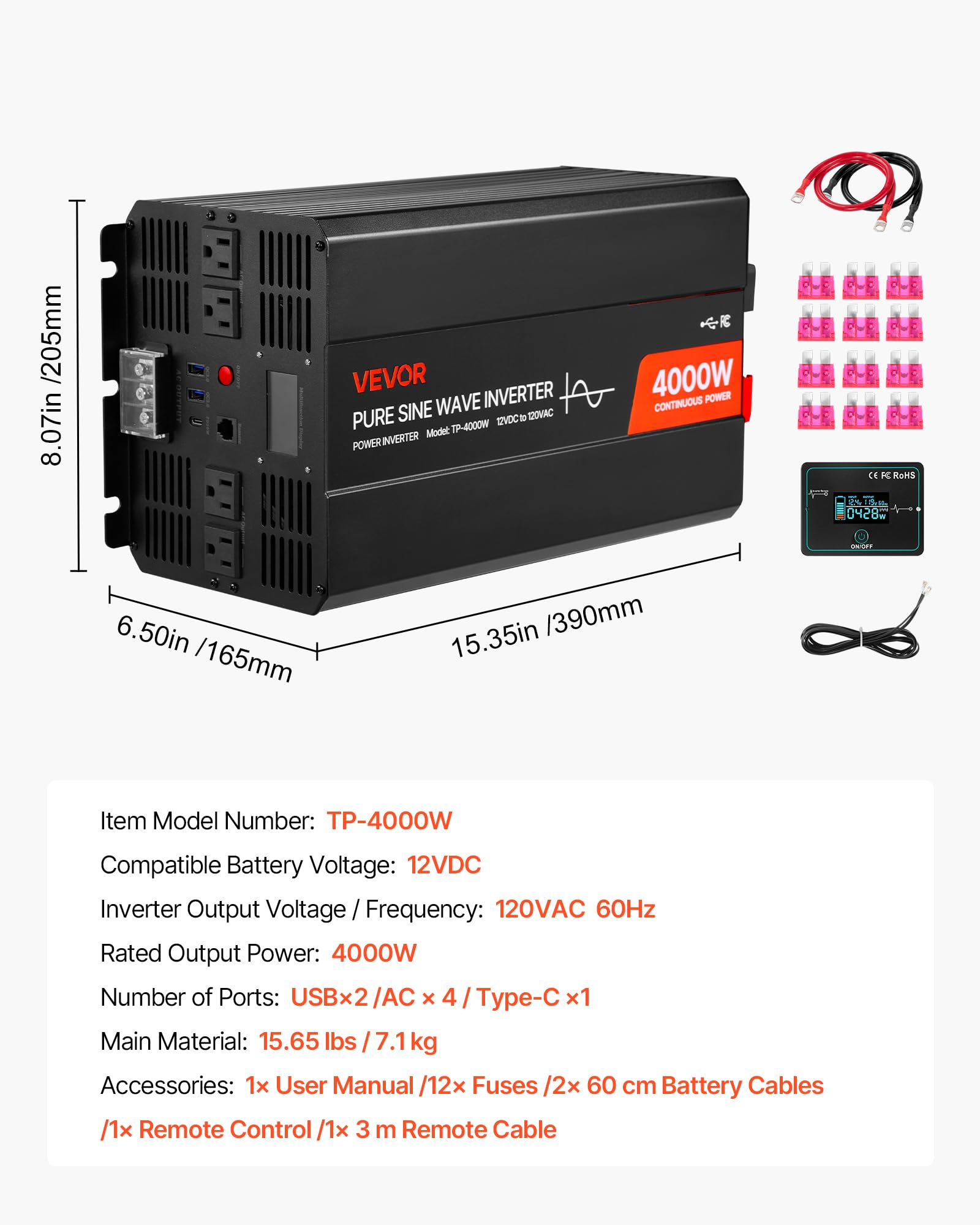 VEVOR Falownik prądu 4000 W, czysty falownik sinusoidalny 12 V DC na 230 V AC, konwerter ładowarki samochodowej z wyświetlaczem LCD, pilotem zdalnego sterowania, portami USB i typem C, gniazdami AC