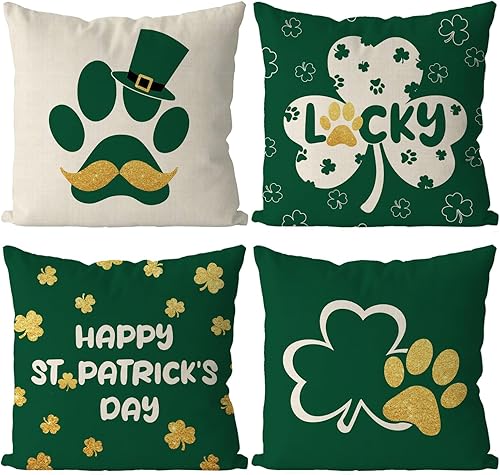 Juego de 4 fundas de almohada del Día de San Patricio de 20 x 20 pulgadas, divertidas fundas de almohada con diseño de patas de perro, diseño de