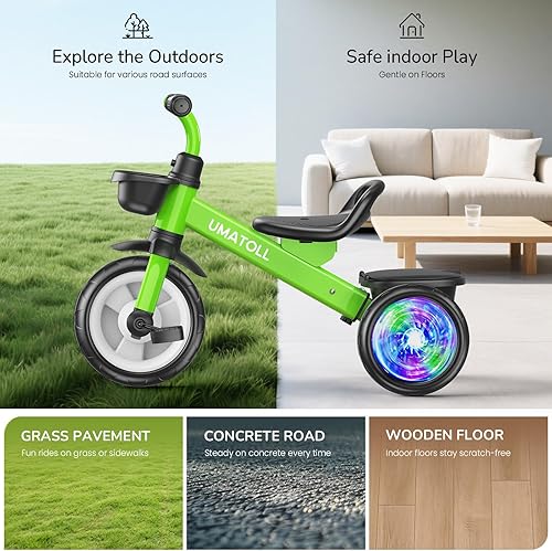 Miniatura 9 de Umatoll Triciclo para niños pequeños de 2 a 5 años, bicicleta ajustable para niños y niñas de 2 a 4 años, triciclo con ruedas iluminadas, verde