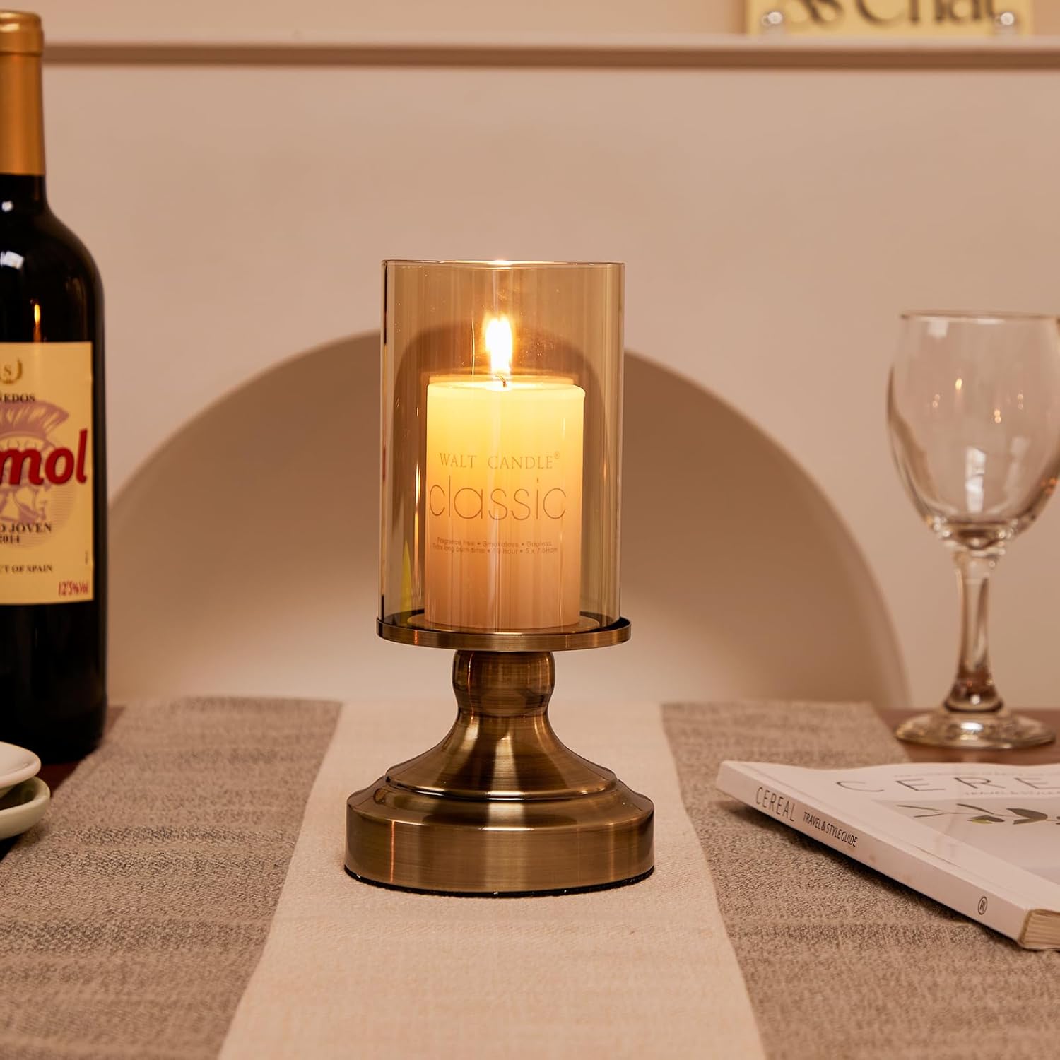 Brass Hurricane Candle Holder with Glass Lid, Anti-Tip Pillar Candle Holder for Wedding Dining Party Table Centerpiece, Elegant Home Decor - Image 4