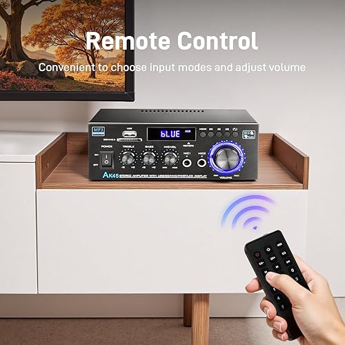 Miniatura 5 de AK45 Amplificador de audio estéreo para el hogar con receptor Bluetooth 5.0, 300W+300W Bluetooth HiFi Amplificador de potencia estéreo 2.0 canales