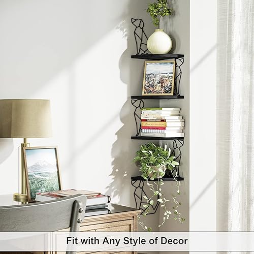 Miniatura 9 de Alsonerbay Estante de esquina negro para montaje en pared, estantes flotantes de 4 niveles para almacenamiento en la pared, estantes rústicos de