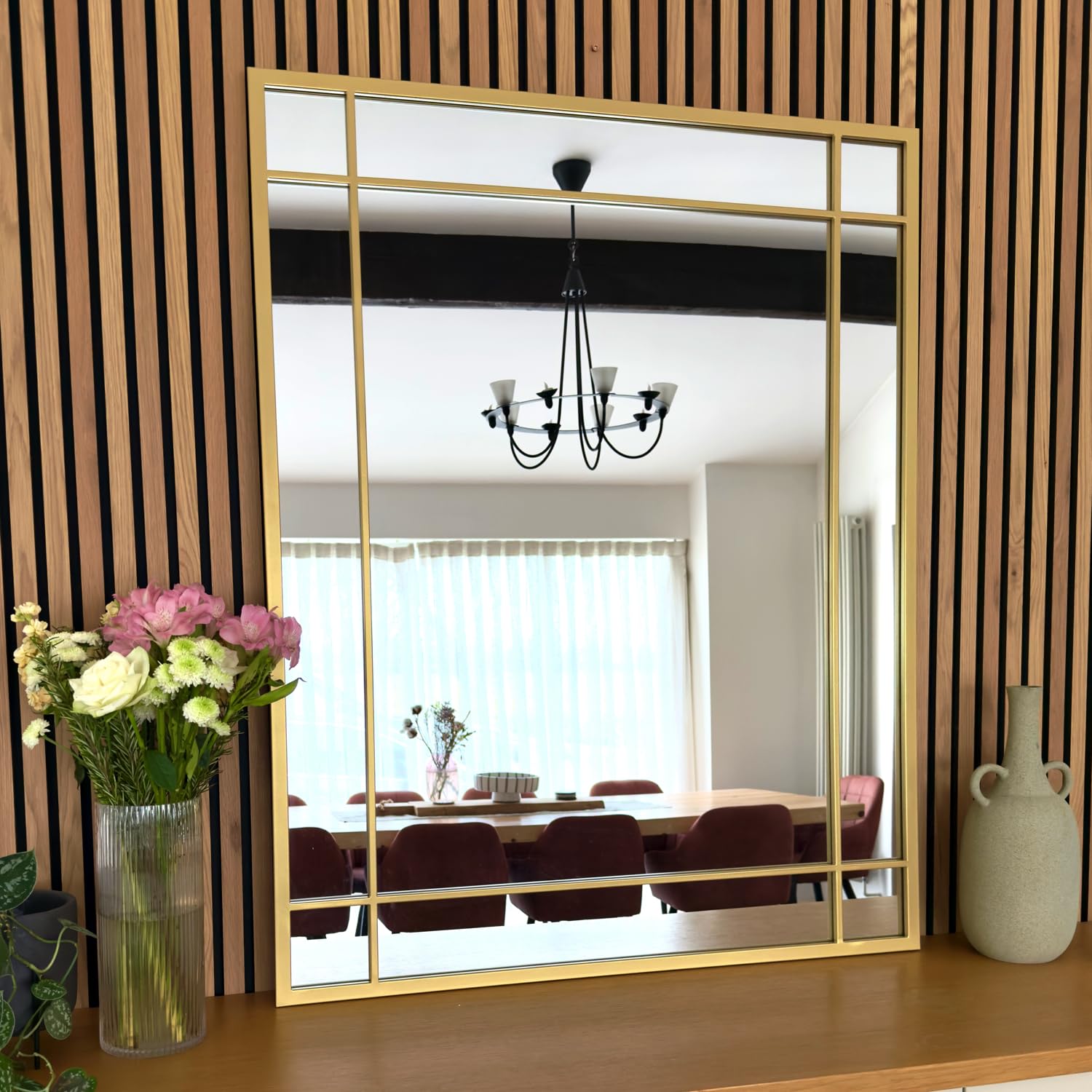 Jobu | Rectangle Mirror with Metal Window Frame Style in Gold – 95cm x 120cm for Bedroom, Hallway or Living Room | Aimi