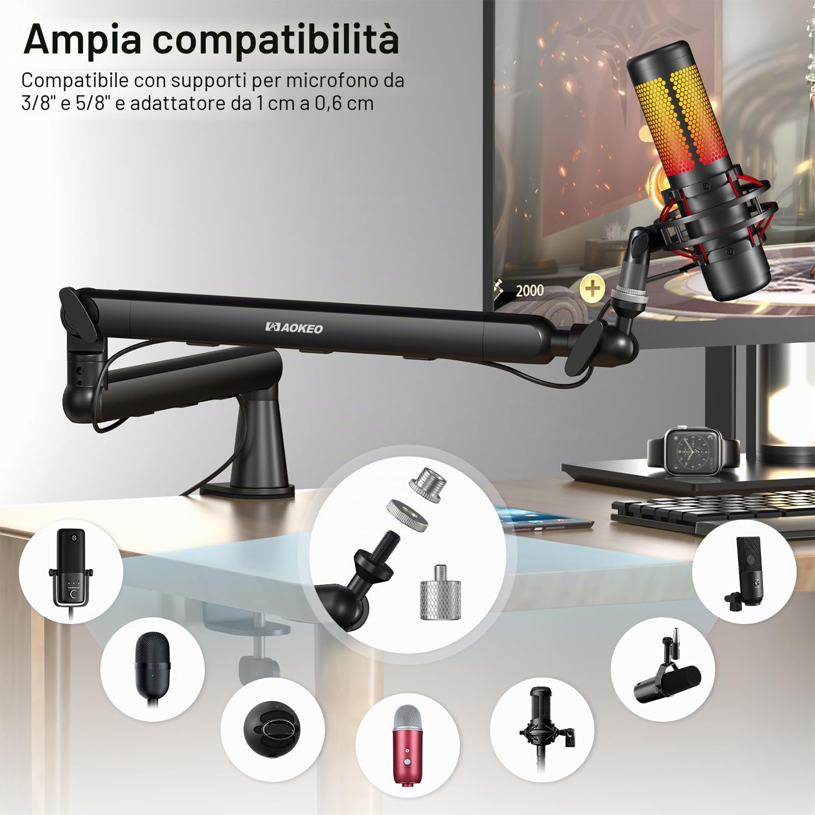 Braccio del microfono,Aokeo AK-55 Desk Low Profile Mic Boom Arm Stand,Adatto per Blue Yeti,Snowball iCE,HyperX QuadCast,SoloCast,Ecc