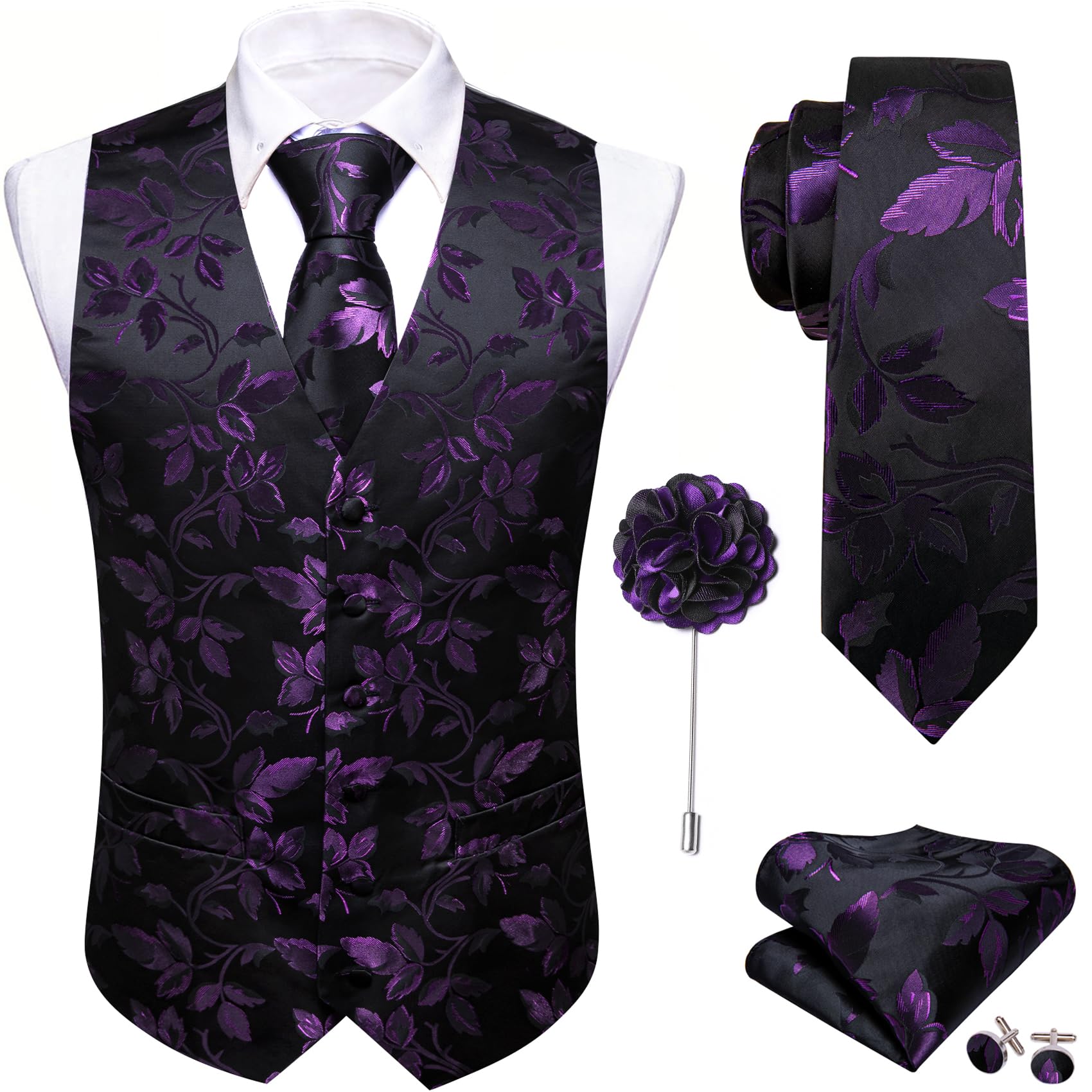 Barry Wang paisley jacquard silk-blend vest with tie bow tie pocket square and cufflinks purple black