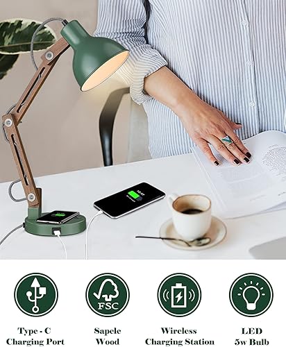 Miniatura 2 de ELYONA Lámpara de escritorio LED con cargador inalámbrico, luz de lectura de madera de Sapele con puerto de carga USB C, lámpara de mesa con brazo