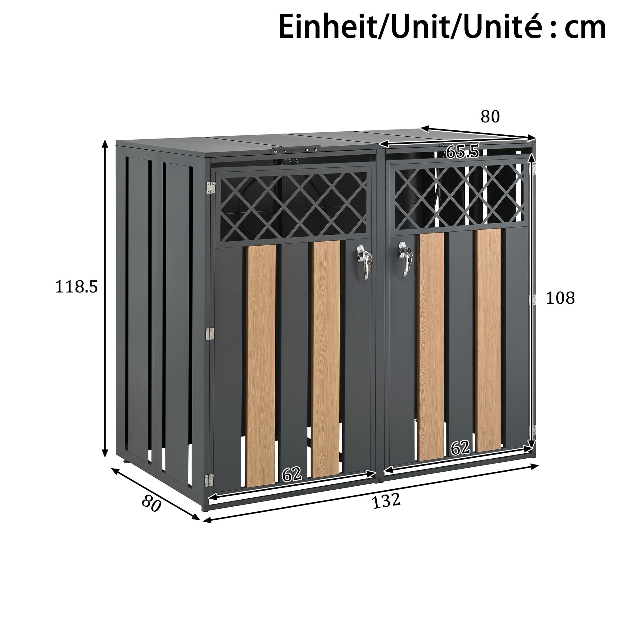 Merax Mülltonnenbox 2 Türen mit hydraulischem Klappdeckel & doppelter Frontöffnung, abschließbare Mülltonnenverkleidung für 2 Tonnen, Doppeltür-Design, verzinkter Stahl, rostfrei & wetterfest, Grau
