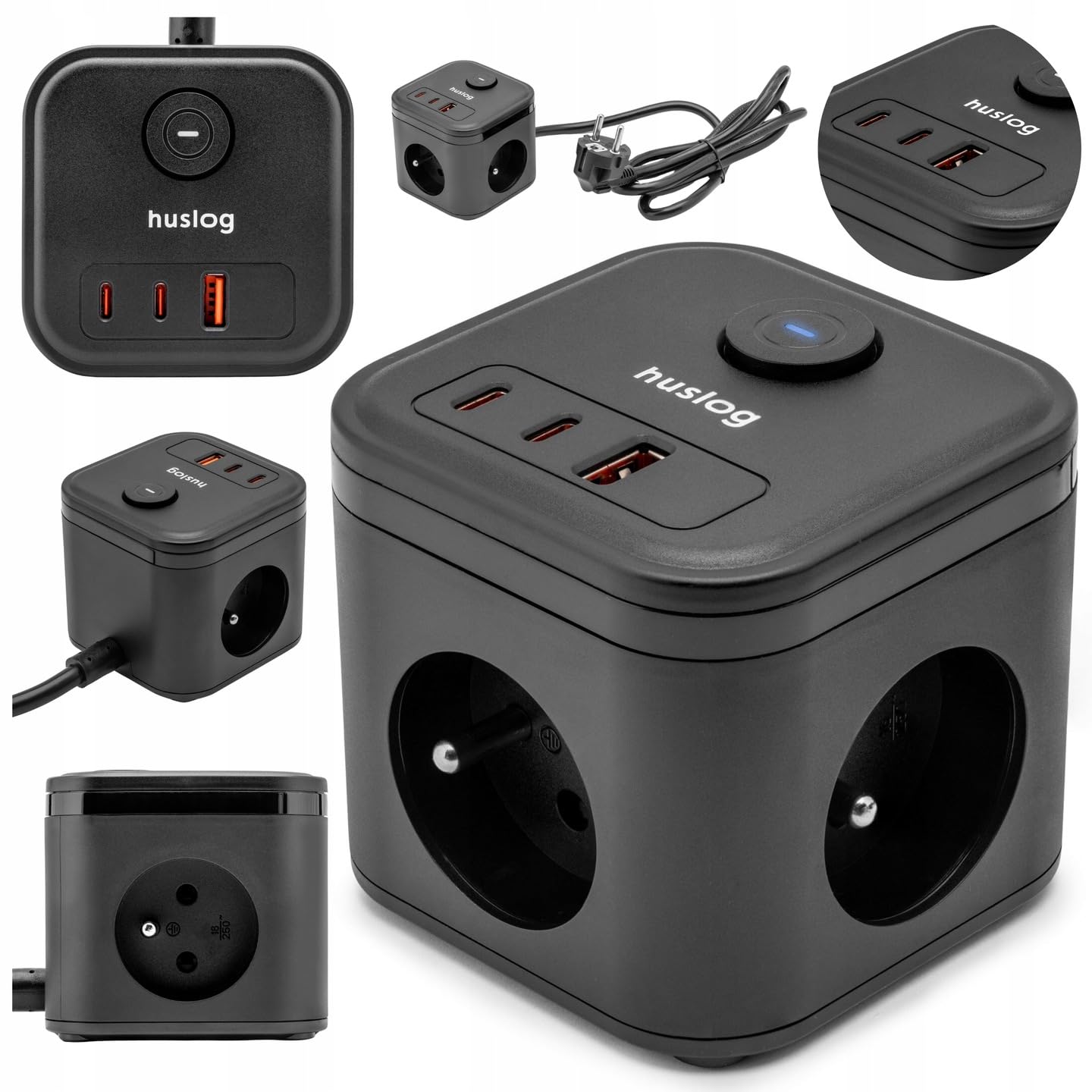 Multiprise Cube 7 en 1 avec 3 Prises Secteur, 2 USB-C + 2 USB-A, Interrupteur, 3680W 230V/16A, Câble 1,4m, Antidérapant, Compact pour Maison & Bureau, Noir