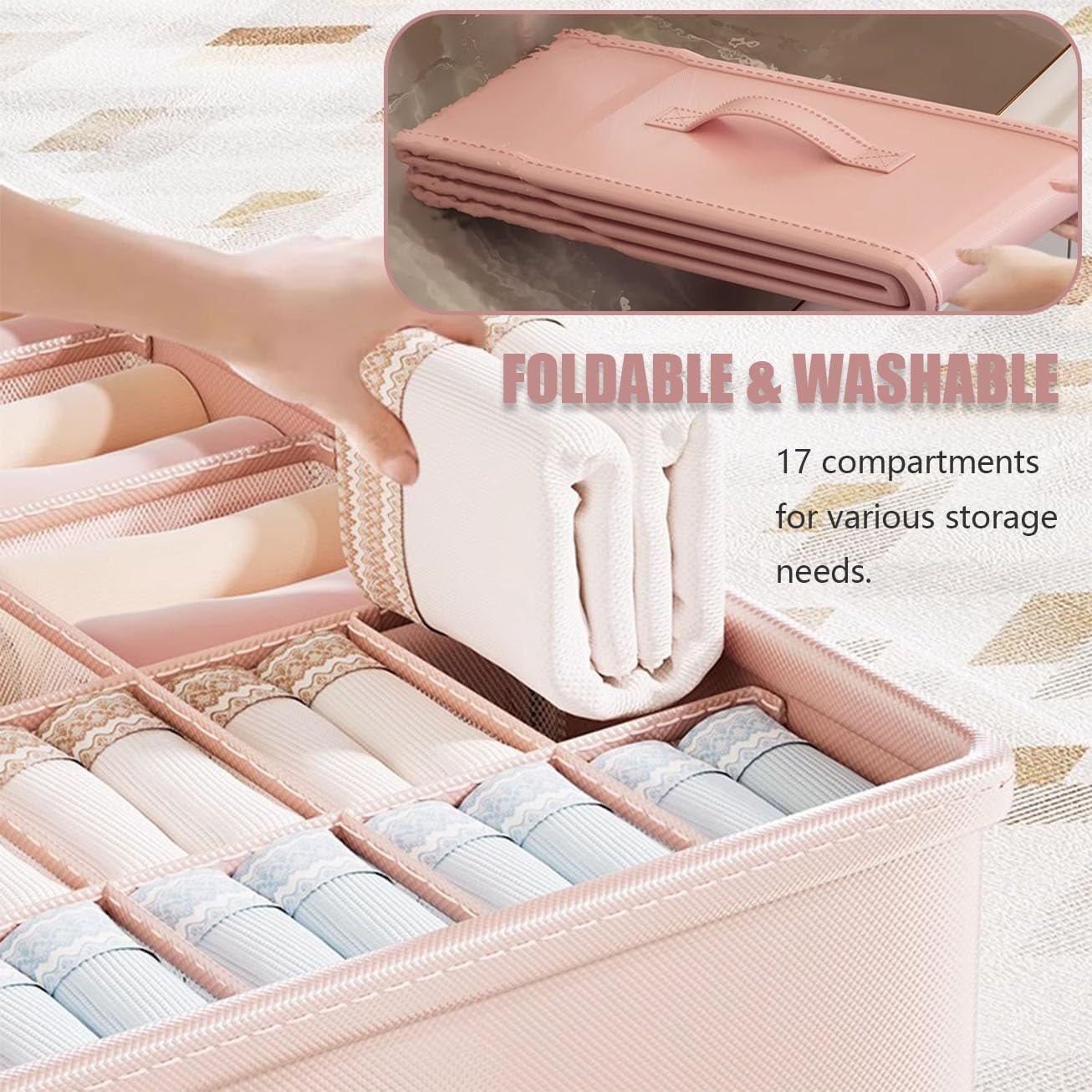 2 Pack Drawer Organizers Clothes, 17 Cell Underwear Organizer with Lid for Closet Organizers and Storage Boxes, Foldable Wardrobe Clothes Storage Bins for Underwear, Socks, Bras, Ties, Lingerie