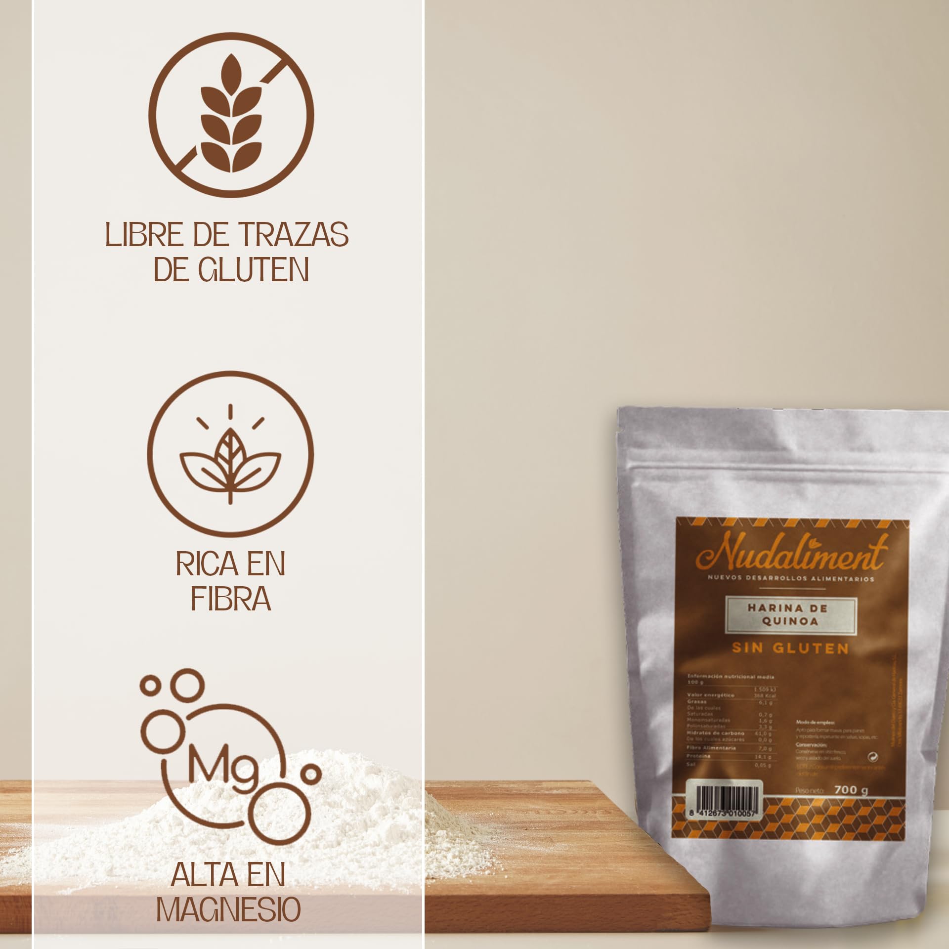 Harina De Quinoa Sin Gluten 700 Gr Natural Para Panificación Apta Para Celíacos
