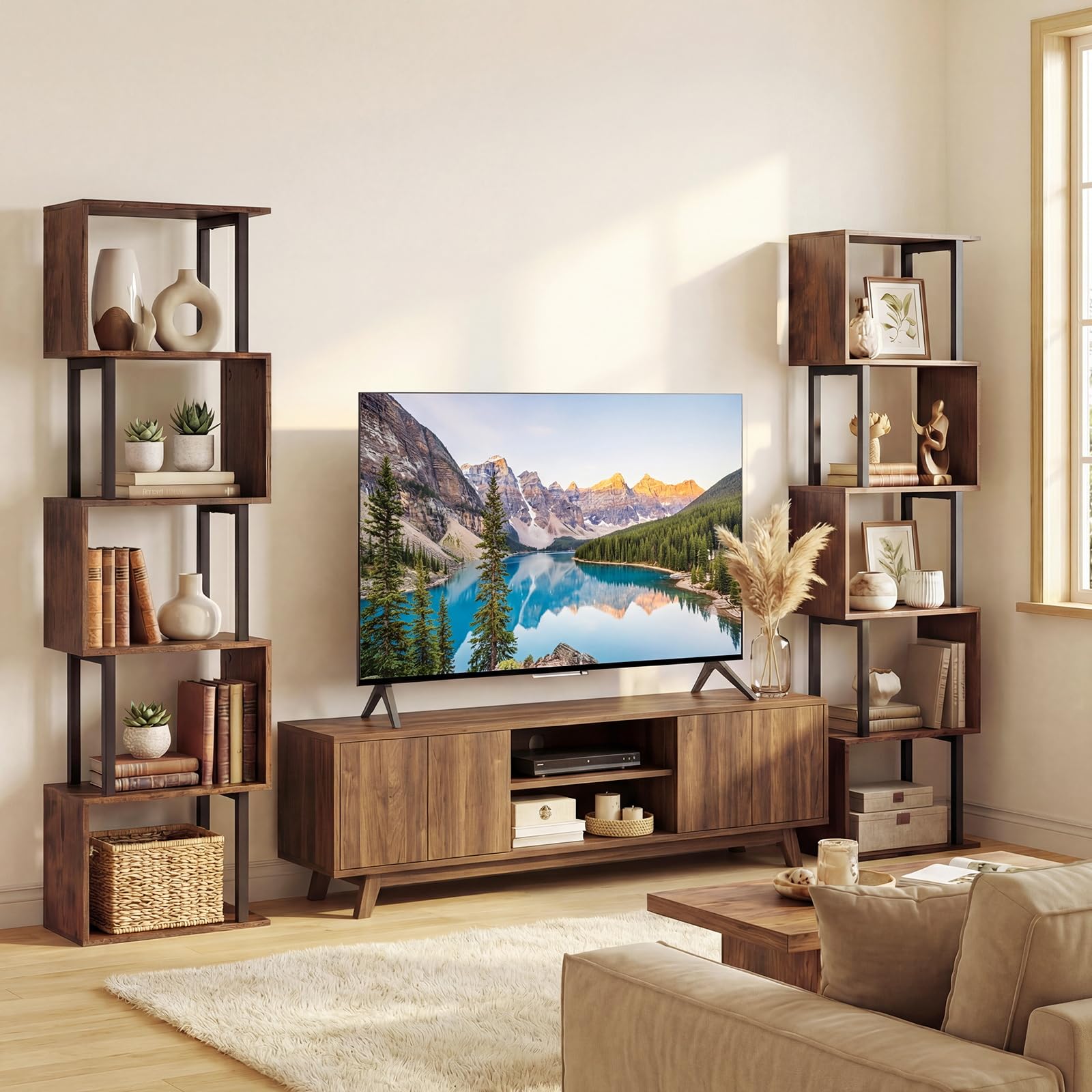 COSTWAY Libreria a 5 Livelli in Legno, Scaffale Espositore Geometrico con Struttura in Metallo, Mobile Portaoggetti Salvaspazio per Camera da Letto Soggiorno Ufficio, 38x23x147 cm (Marrone Rustico)