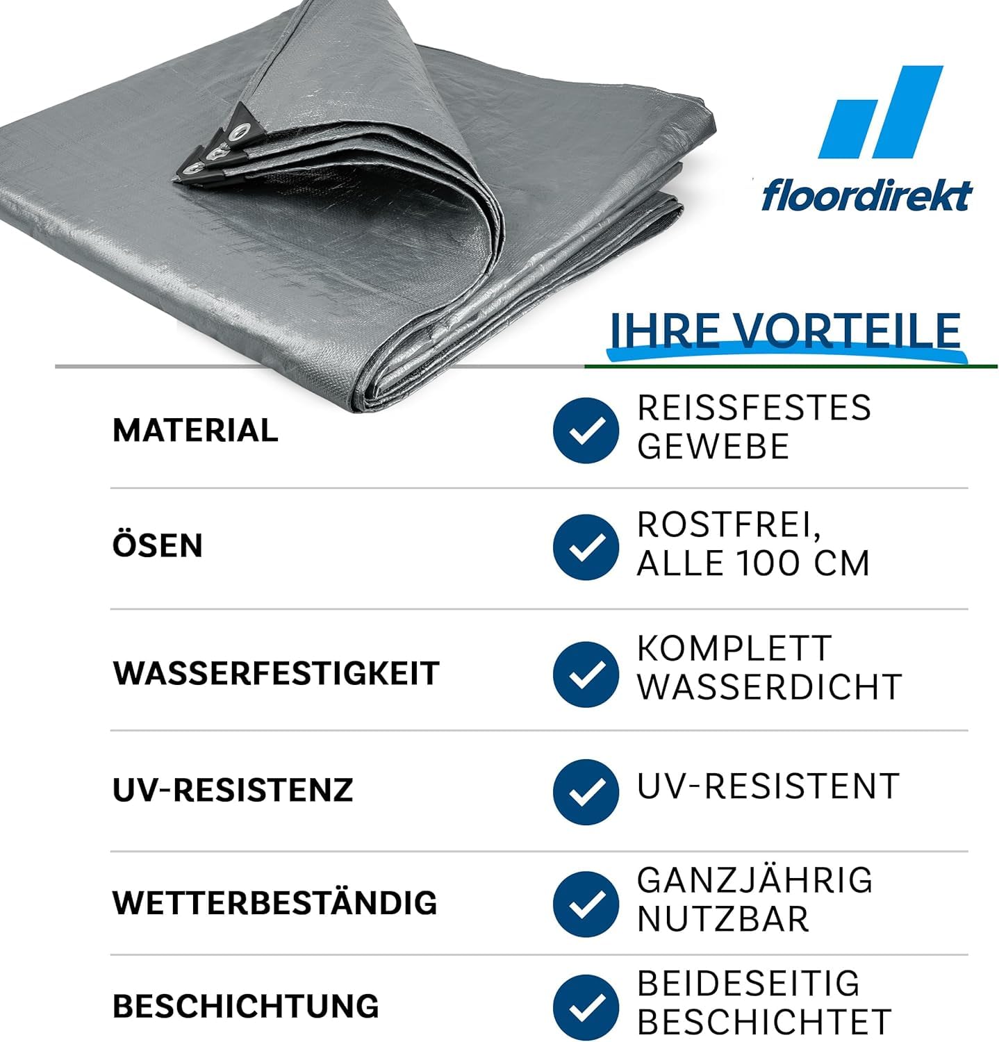 Floordirekt Afdekzeil, zeildoek, beschermend zeil, bootzeil, tentzeil voor camping en outdoor, tuin, waterdicht, met inslagringen, verschillende maten en kleuren, 10 x 12 m, 240 g/m², wit