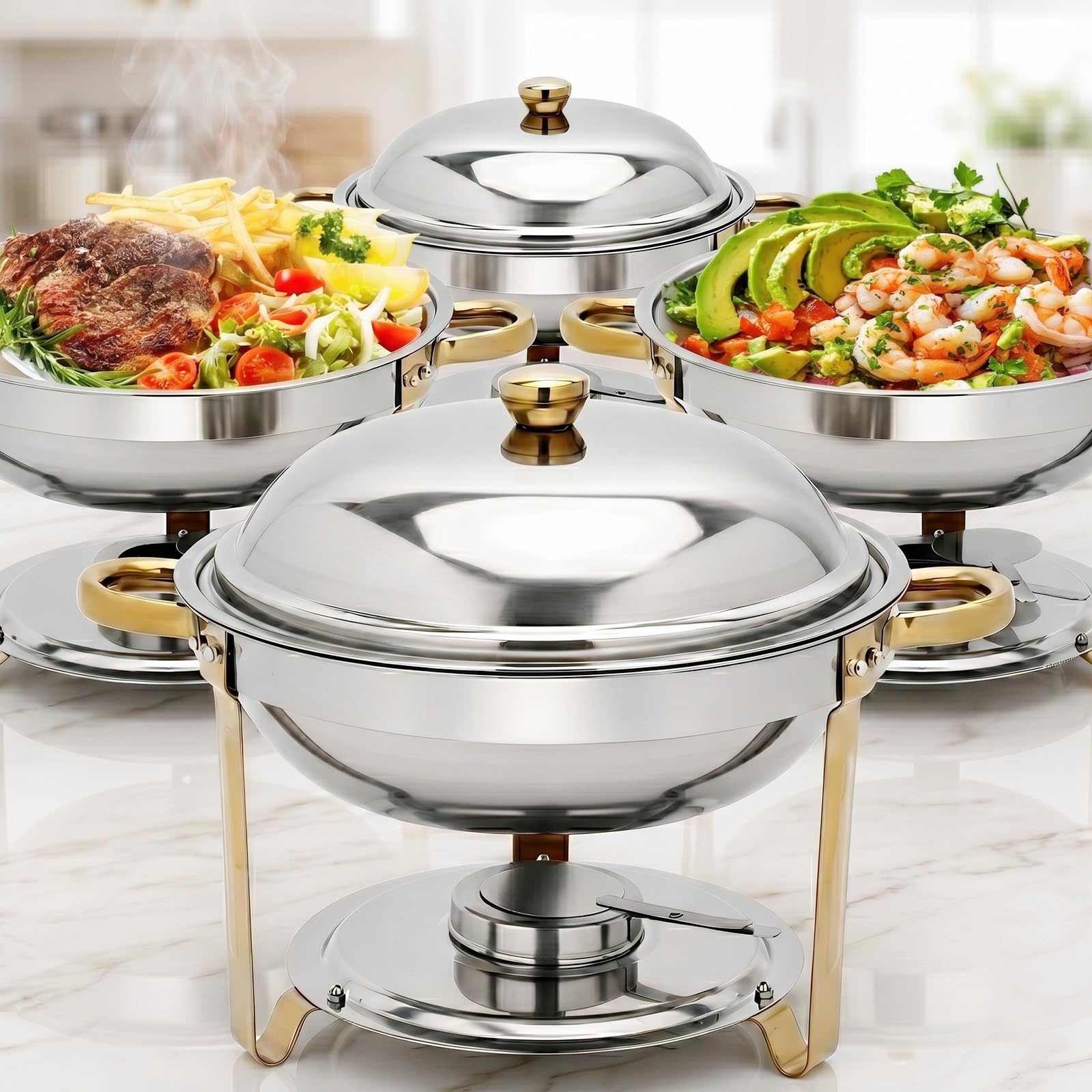 Gereat Chafing Dishes for Buffet 4 Pack, 7.5QT Round Stainless Steel Chafing Dish Buffet Set, Gold & Silver Food Warmers for Parties Catering Wedding Banquet, Buffet Servers and Warmers