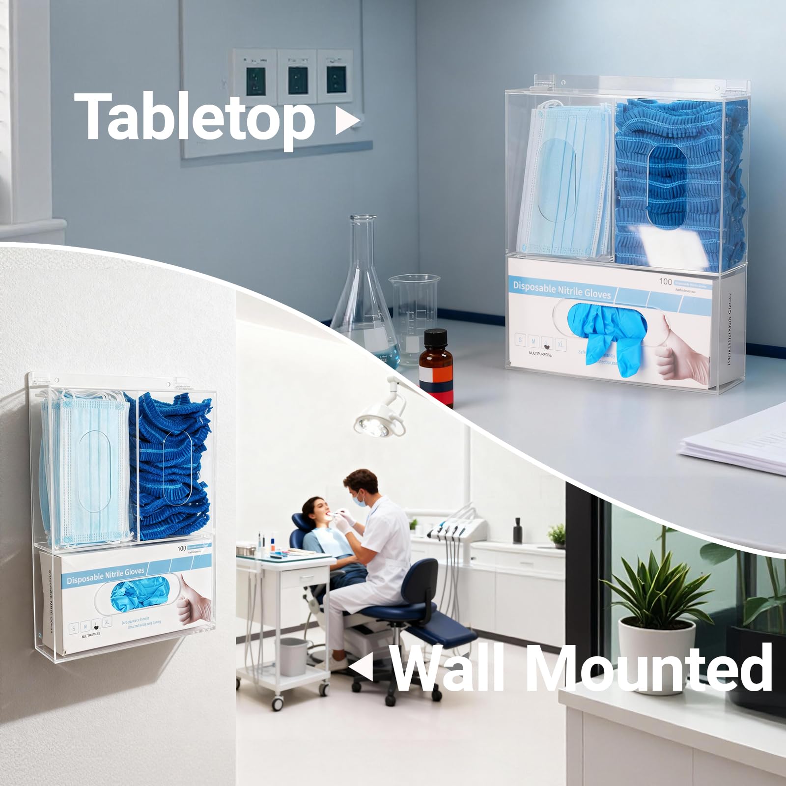 Dispenser per guanti usa e getta, a tre guanti, a rete per capelli, con coperchio per organizer da parete per alimenti, laboratorio, ufficio medico, trasparente