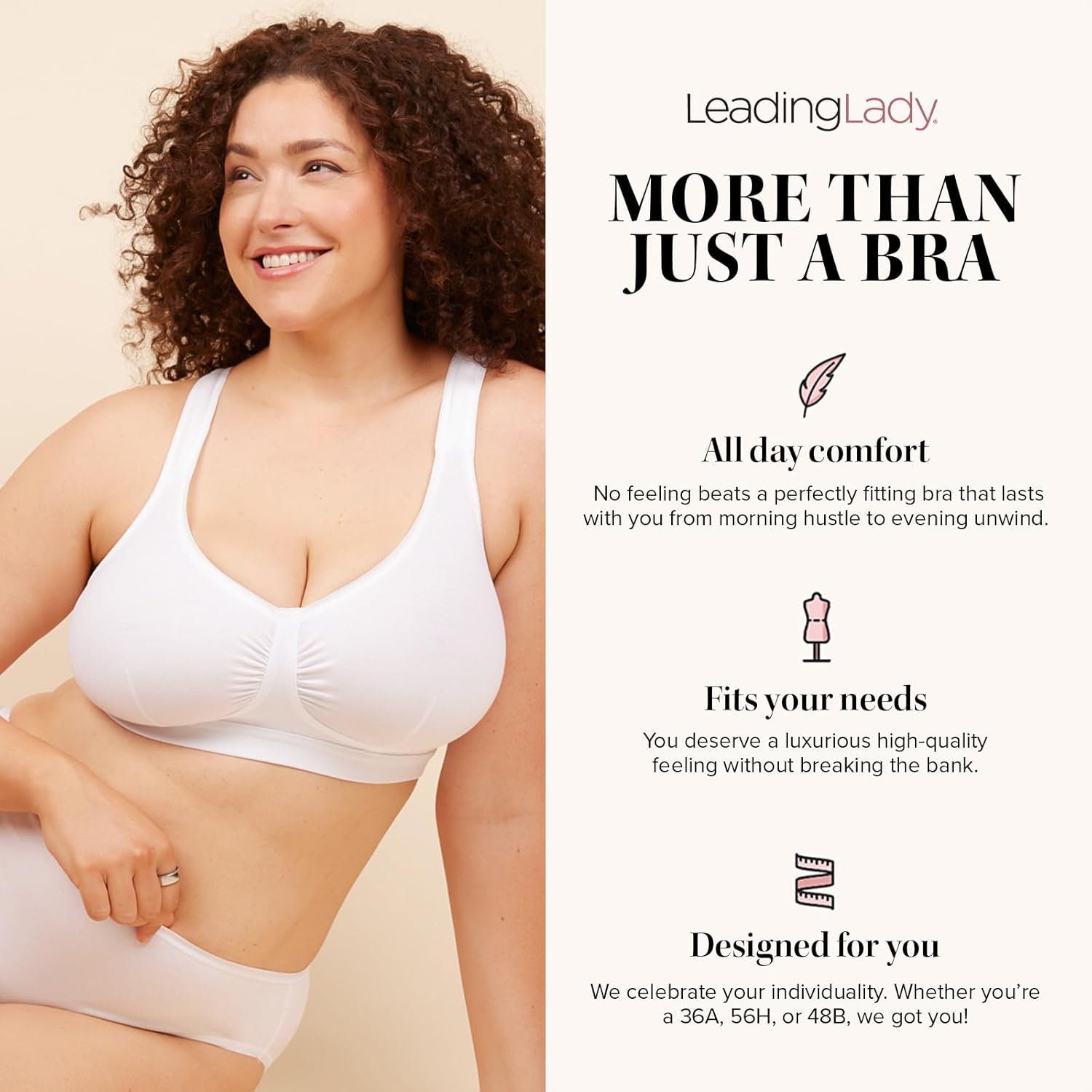 Leading Lady, Evie, Wireless Cotton Bra, Full Coverage, Cushioned Strap, Adjustable Fit, Light Support, Unlined, 36A-52H - Image 3