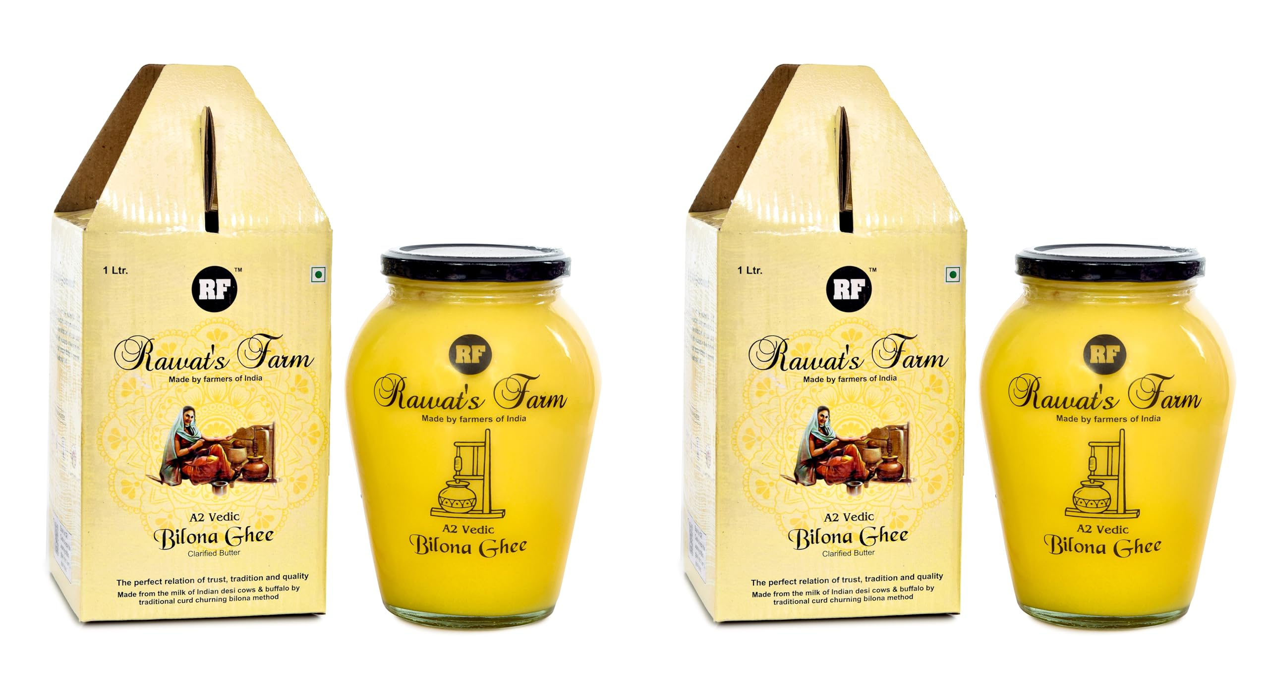 Rawat's Farm A2 Vedic Bilona Cow Ghee 1000 ML (Pack of 2) | Glass Jar | Curd Churned Bilona Ghee | Government Laboratory Passed | 100% Natural | Immunity Booster | Good for Heart | (1000+1000 Ml ( Pack Of 2))