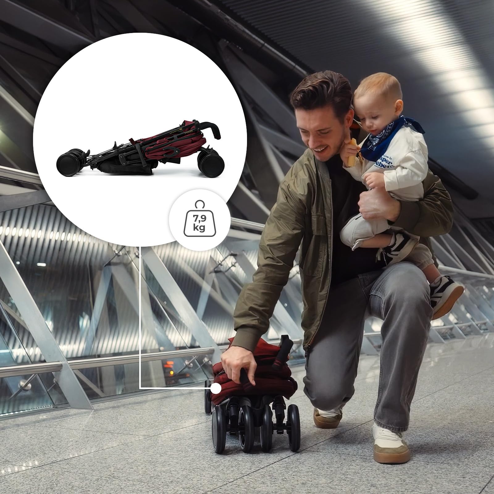 Kinderkraft Buggy SIESTA 2 bis 22 kg, nur 7,9 kg, zusammenklappbar, Liegeposition, verstellbare Fußstütze, Verdeck mit Mesh und Peekaboo, 5-Punkt-Gurt, kompakt, Rot