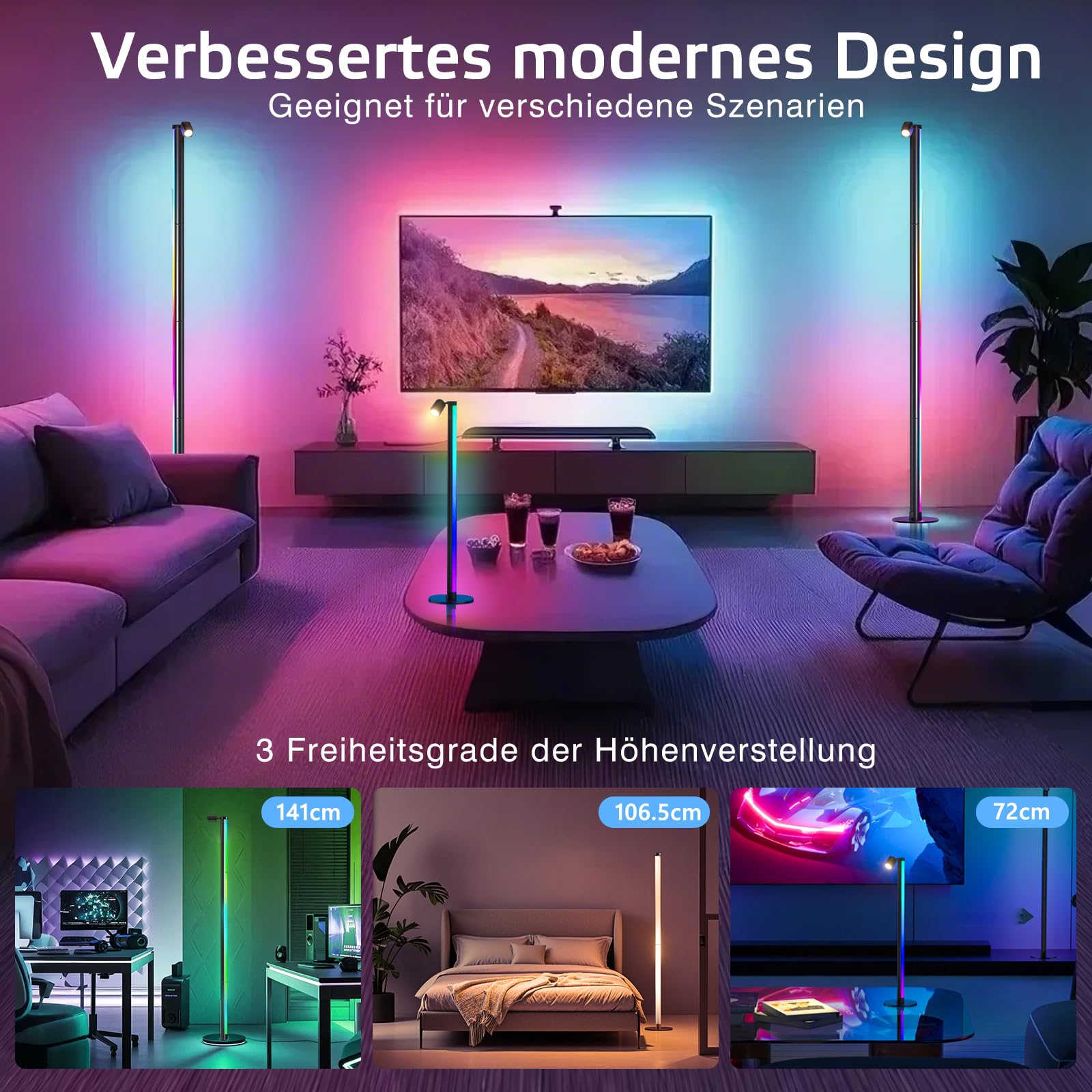 RGBIC Led-vloerlamp 140 Cm – Afneembaar – 16 Miljoen Kleuren – App & Afstandsbediening – Muzieksynchronisatie – Dimbaar – Zwart – Voor Woonkamer & Slaapkamer