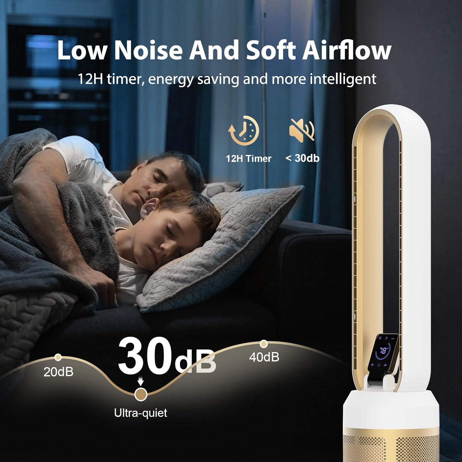 38" Bladeless Fan for Bedroom, Quiet Tower Fan with Remote & Large LED Touchscreen, 24 Speeds, 60° Oscillation, 12H Timer, Portable Standing Fan for Home Office (White Gold, 38")