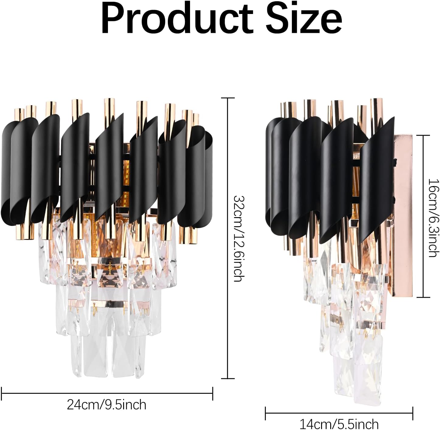 Modern Black Gold Crystal Wall Lights, 3 Lights Contemporary Crystal Wall Sconce Sconce Lighting Fixtures, Wall Lamps for Living Room, Bedroom(12.5inch)