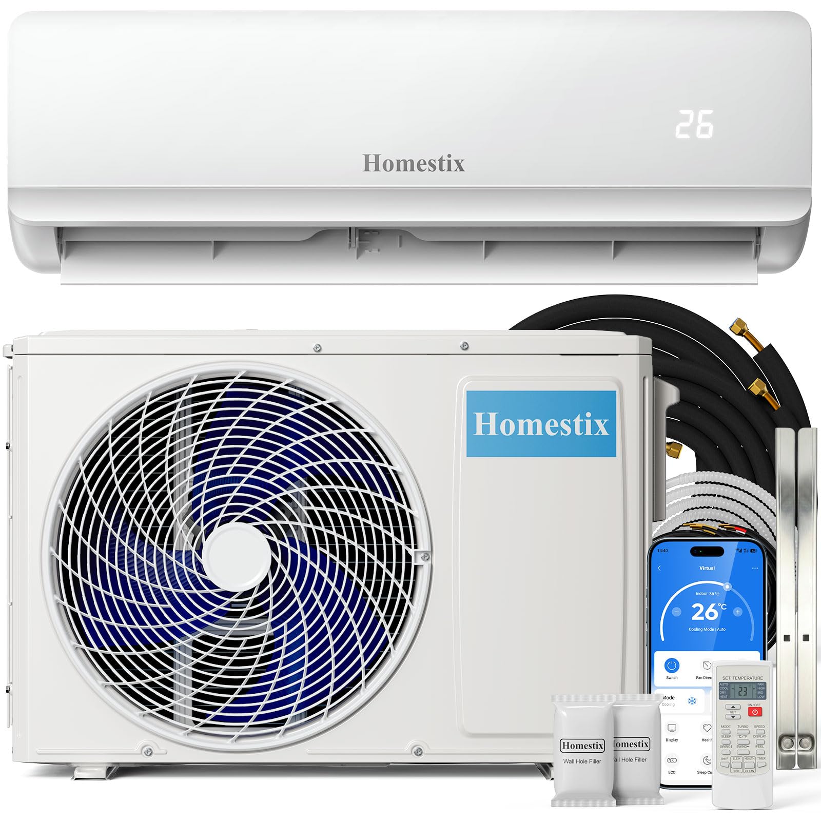Condizionatore 12000 Btu Inverter Monosplit,con Pompa di Calore,Raffreddamento/Riscaldamento,Deumidificazione e Ventilazione,Ultra Silenzioso,Telecomando e App,Timer 24h, Modalità Notte ed Eco
