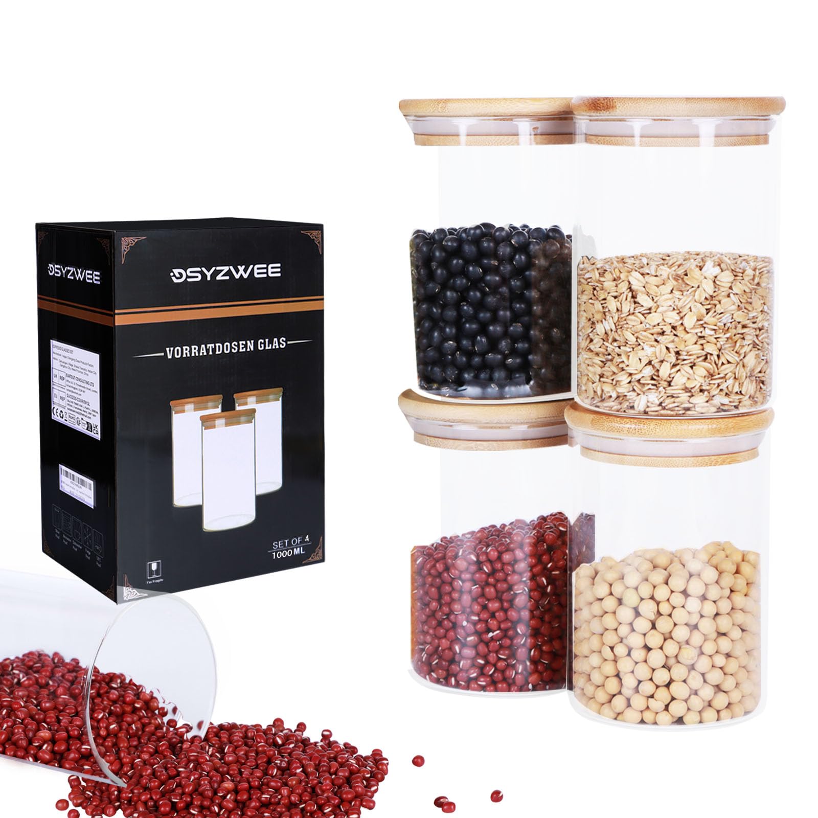 DSYZWEE 1000ML Glass Storage Jars with Lids Set of 4 - High Borosilicate Glass Airtight Kitchen Food Canisters Cylinder Clear Preserving Seal Containers for Canning Cereal,Pasta,Spices