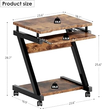 DlandHome Mobile Computer Desk, Mobile Laptop Desk Computer Cart Mobile Z-Metal Sit to Stand Office Desk Rolling Desk Standing Computer Table with Wheels Mobile Desk,Retro
