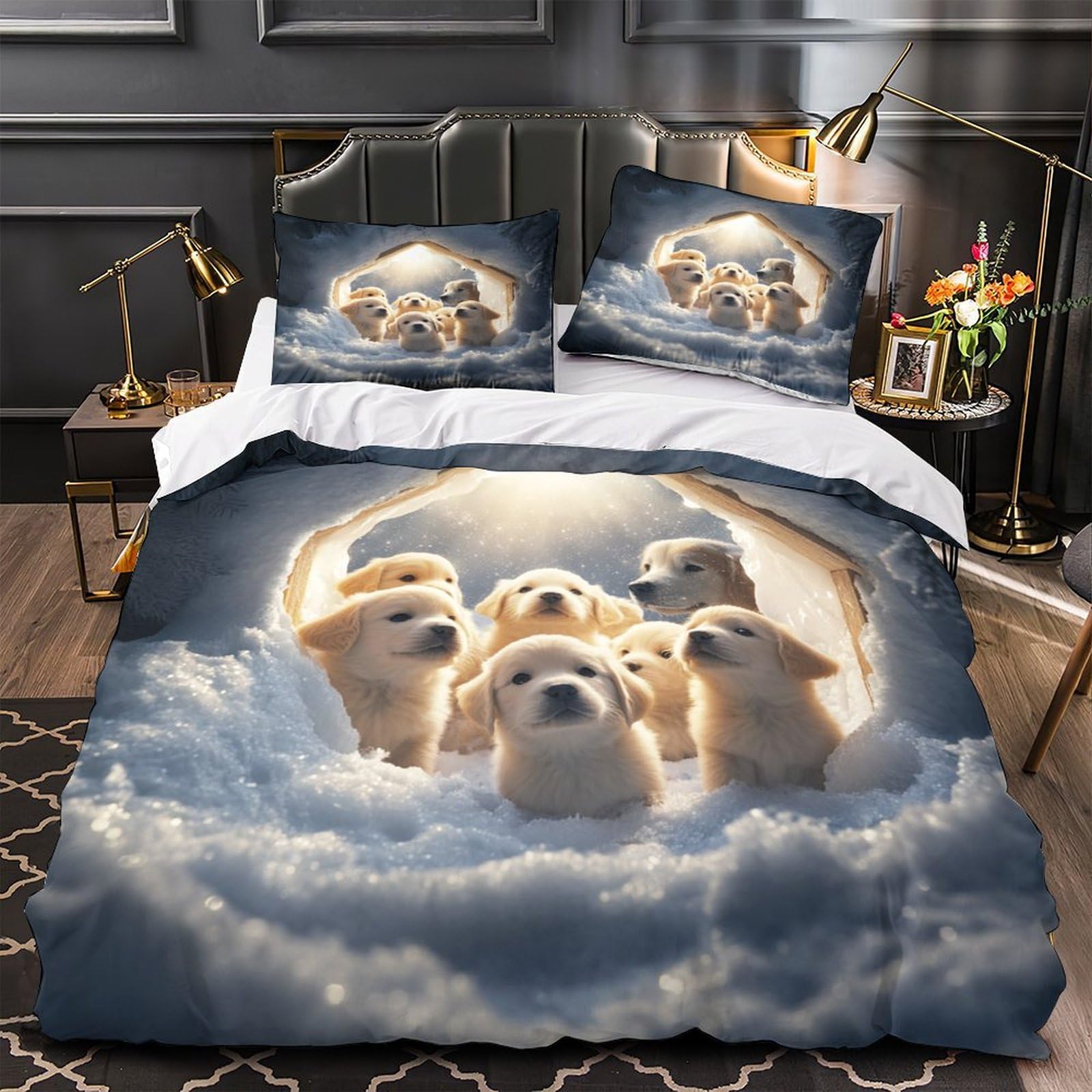 Housse de Couette Chiots Mignons Microfibre Respirant avec Parure Drap de Couette Enfant