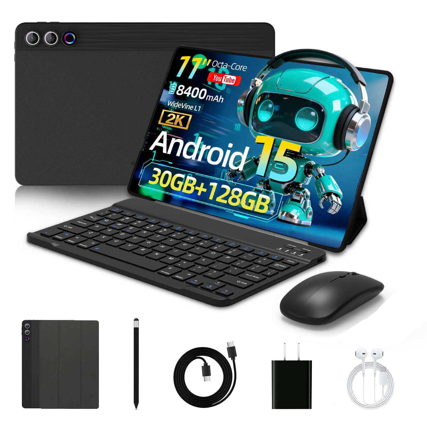 Laptok Tablet 11 Zoll, Android 15 Tablet mit 30 GB RAM + 128 GB ROM + 1 TB TF, 8400 mAh, 2K-Display, 8 MP + 13 MP –Tablet mit Schutzhülle, Maus, Tastatur und Kopfhörern