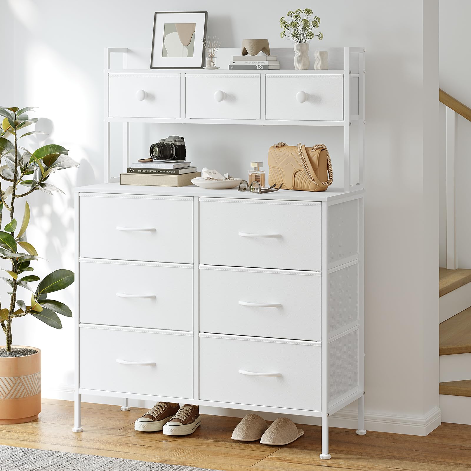 Cassettiera a 9 cassetti per Camera da Letto con Maniglie, Piano in Legno, Struttura in Metallo, cassettiera Alta per Camera da Letto, Soggiorno, Bianco