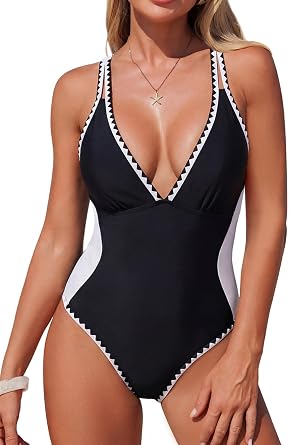 Women One Piece Tummy Control Swimsuit Sexy Color Block Bathing Suits Crisscross Back V Neck Shell Stitch Swim Suit